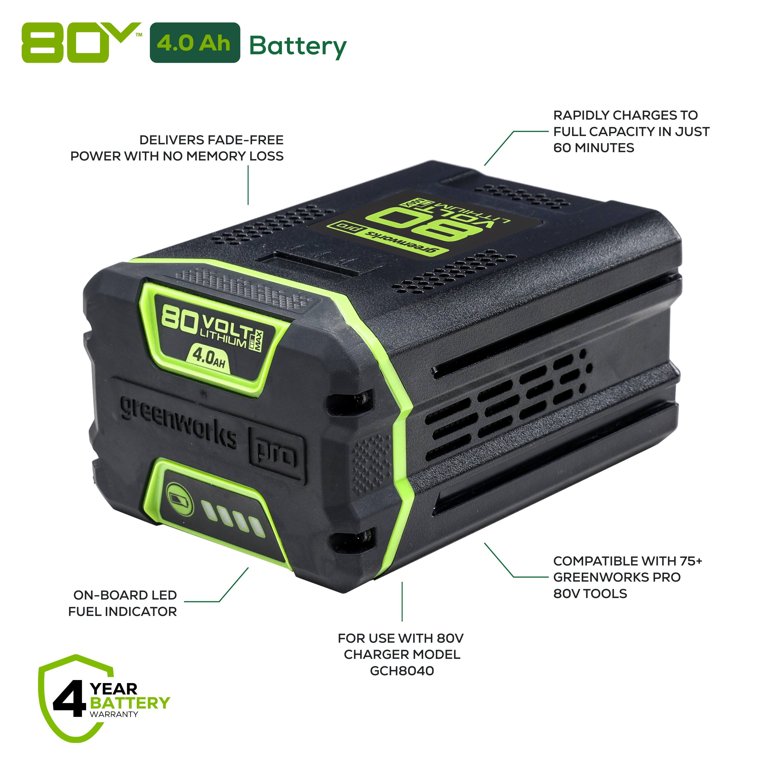 Alt View 16. Greenworks - 80 Volt 4Ah Battery (Charger not included) - Black/Green.