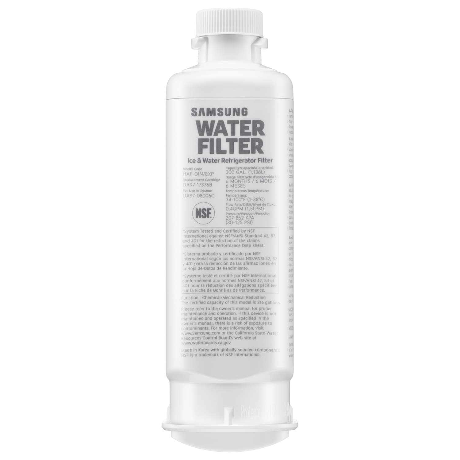 SAMSUNG WATER FILTER Ice & Water Refrigerator Filter - Code Capahy/Capeche/Capecidac HAF-QIN/EXP 100 GAL (1,136L) unage enpnie usege/Vide neptacement Certridoe MONTHS MOIS DA97-173768 A MESES - LIse System remperature/emperature A7-08006C cemperature 34-100F (1-38C) - t/en/Nun de - 0.4GPM (1.5LPM) NSF PSU/TYESSIA/TYN 207-862 PA 00-125 PSO System fested and Certified by NSF ternational against NSEVANSI standrad 42 14 and 401 for the reduction of the claims specified OF the Performance Oata Sheet sistema probado certificado per NSF international segin Les normas NSMVANSI 42  401 para la reduccin de lass afirmac iones en Hoja de Datos de endimiento Systme neste e certie per  international conformment auE