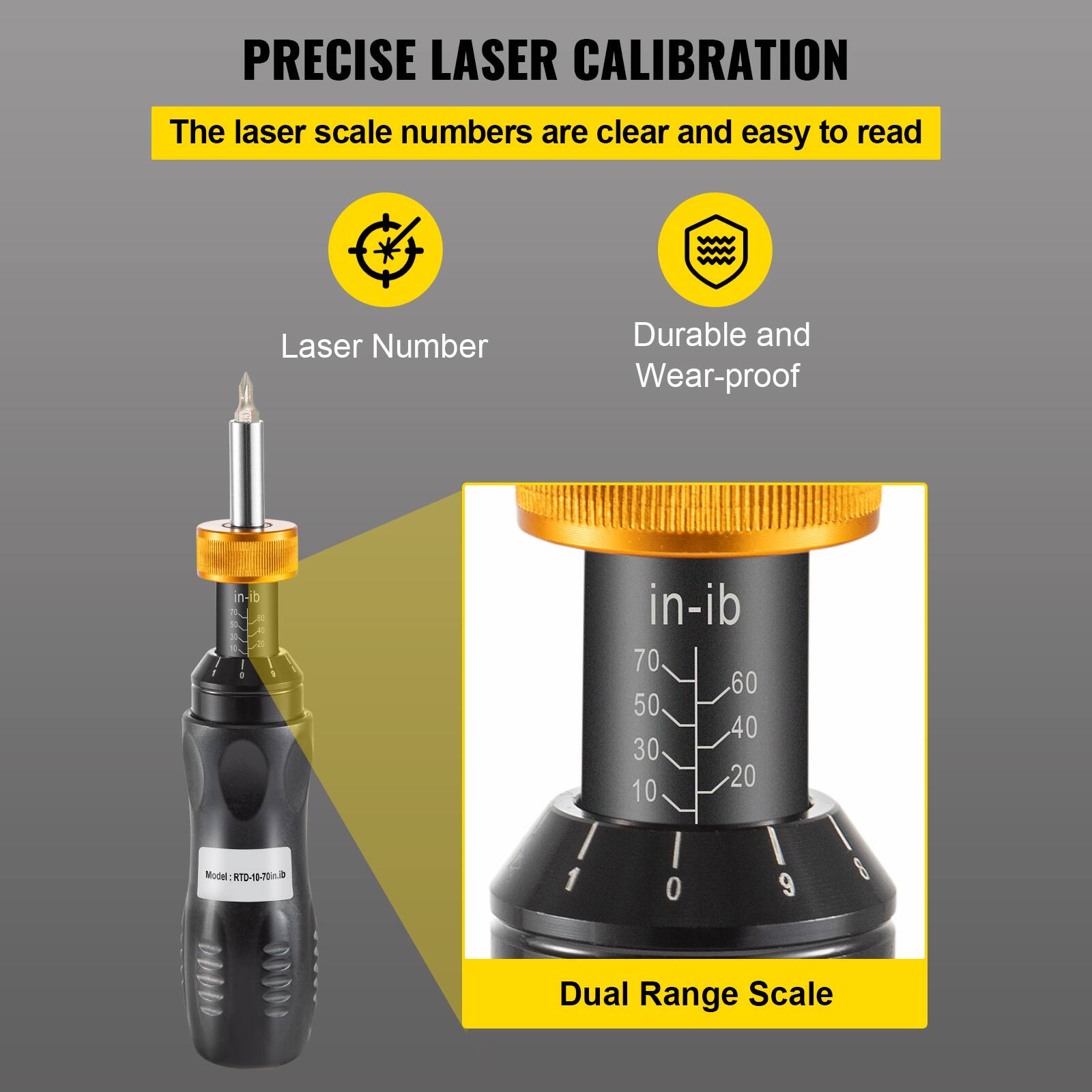 PRECISE LASER CALIBRATION  
The laser scale numbers are clear and easy to read  

- Laser Number  
- Durable and Wear-proof  

Model: RTD-18-700 in-ib  

Dual Range Scale  

in-ib  
70 60 50 40 30 20 10 0 9 8