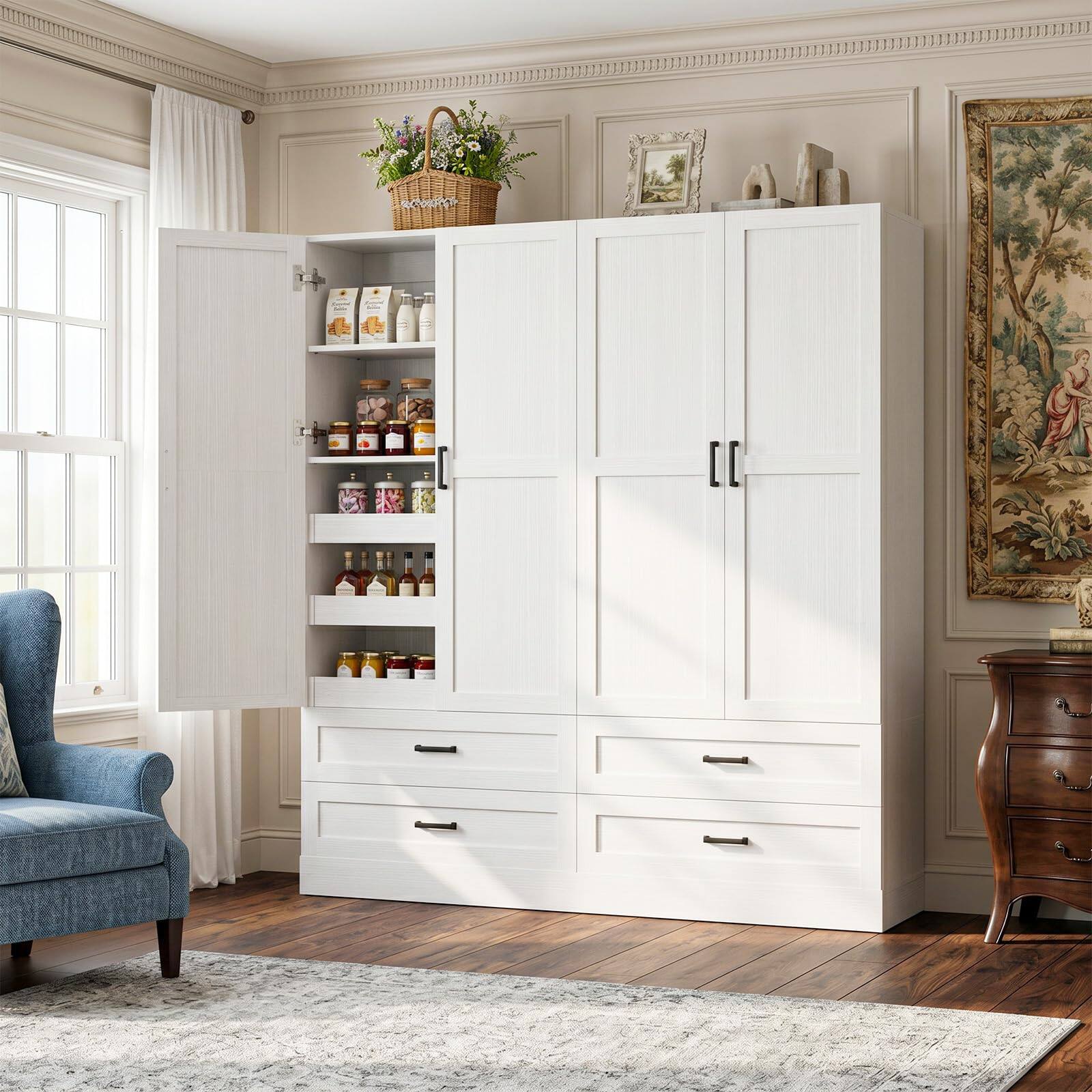 Alt View 2. Aheaplus - 71" Tall Freestanding Pantry Cabinet with Pull-Out Shelves & Drawers - Farmhouse Style,Ships in 2 packages - White.