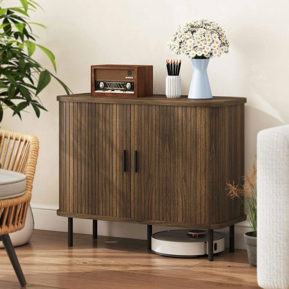Angle. Kadyn - 35.4" Nordic Sideboard with Slatted Tambour Doors and Metal Legs, Walnut - Brown.