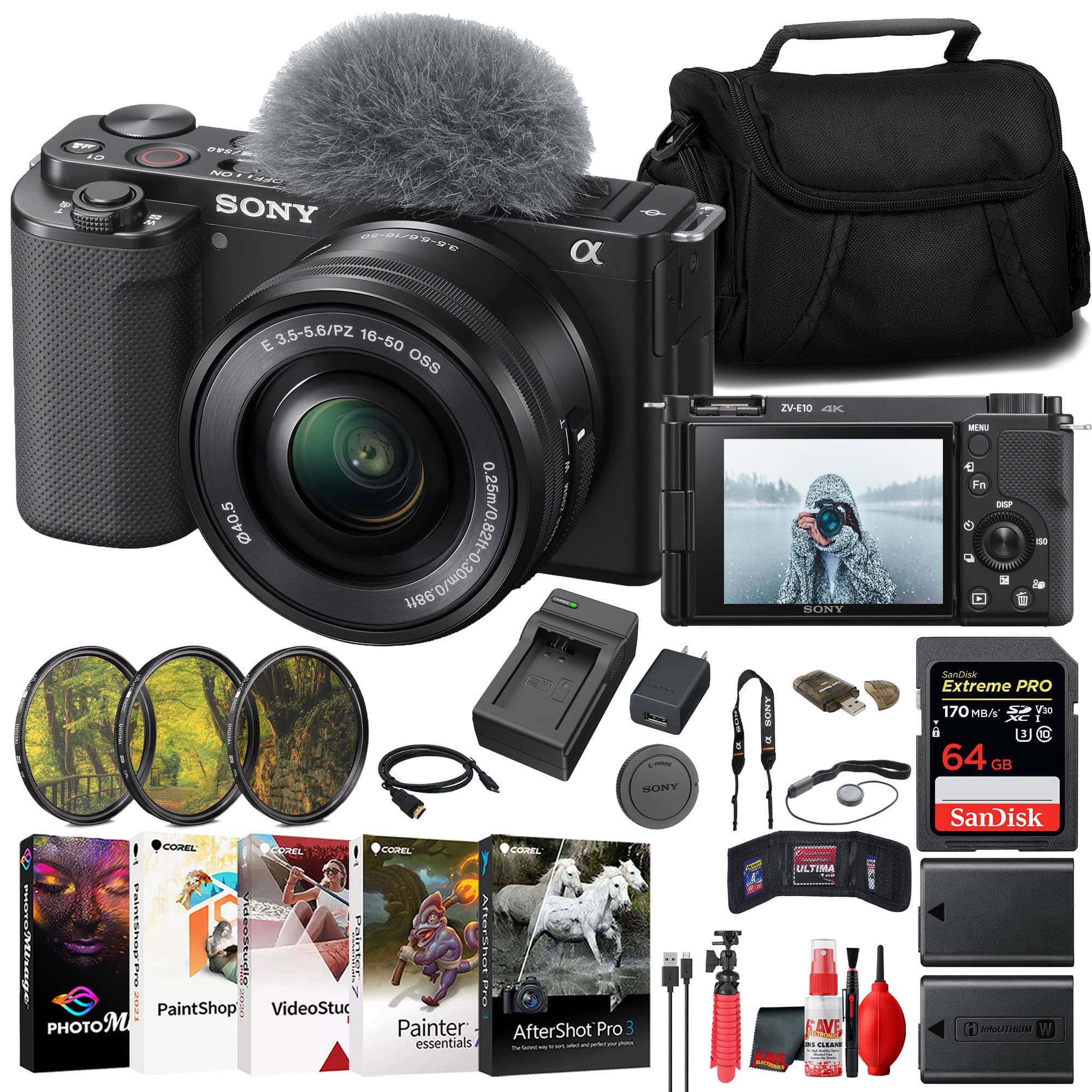 Sony - ZV-E10 Mirrorless Camera with 16-50mm Lens Bundle + 64GB Card + Battery + Charger + Software + Kit - Black
