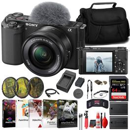 Sony - ZV-E10 Mirrorless Camera with 16-50mm Lens Bundle + 64GB Card + Battery + Charger + Software + Kit - Black