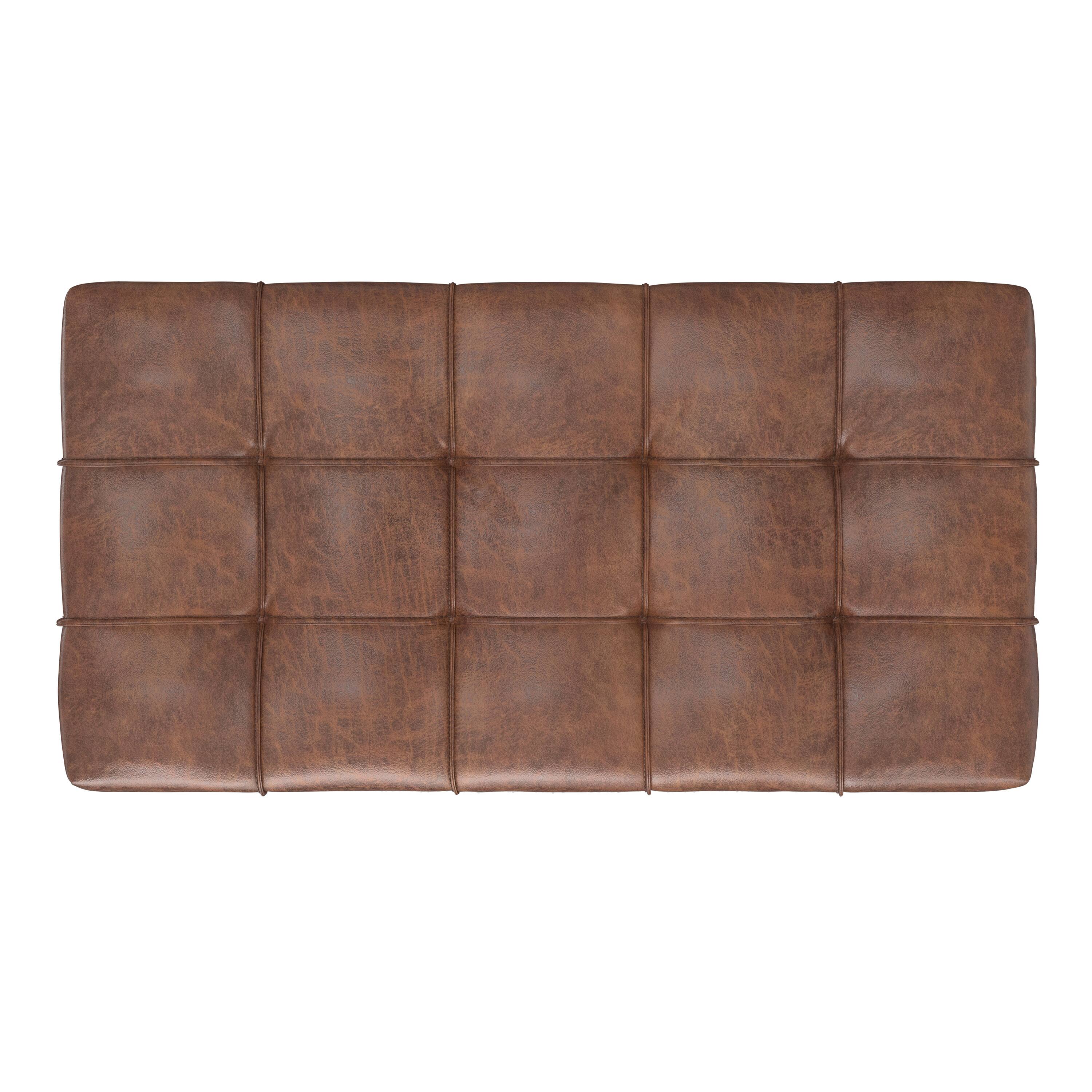 Alt View 1. Simpli Home - Sienna 33 inch Wide Storage Ottoman Bench in Distressed Saddle Brown Vegan Leather - Distressed Saddle Brown.