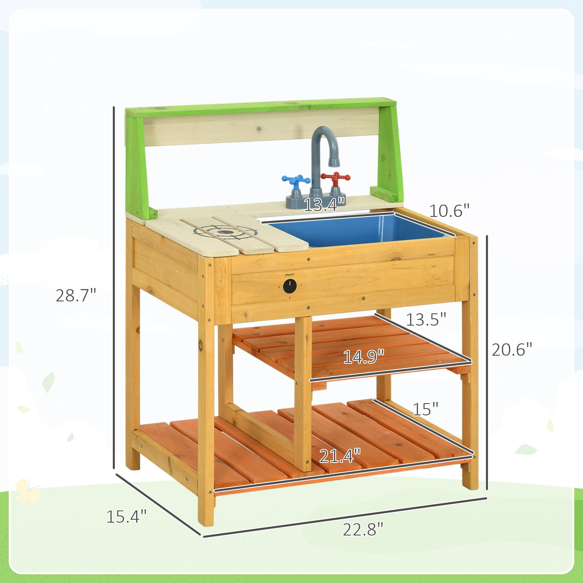 - Height: 28.7"
- Width: 22.8"
- Depth: 15.4"
- Sink Height: 13.4"
- Sink Width: 10.6"
- Sink Depth: 13.5"
- Shelf 1 Height: 14.9"
- Shelf 2 Height: 15"
- Shelf 1 Width: 20.6"
- Shelf 2 Width: 21.4"