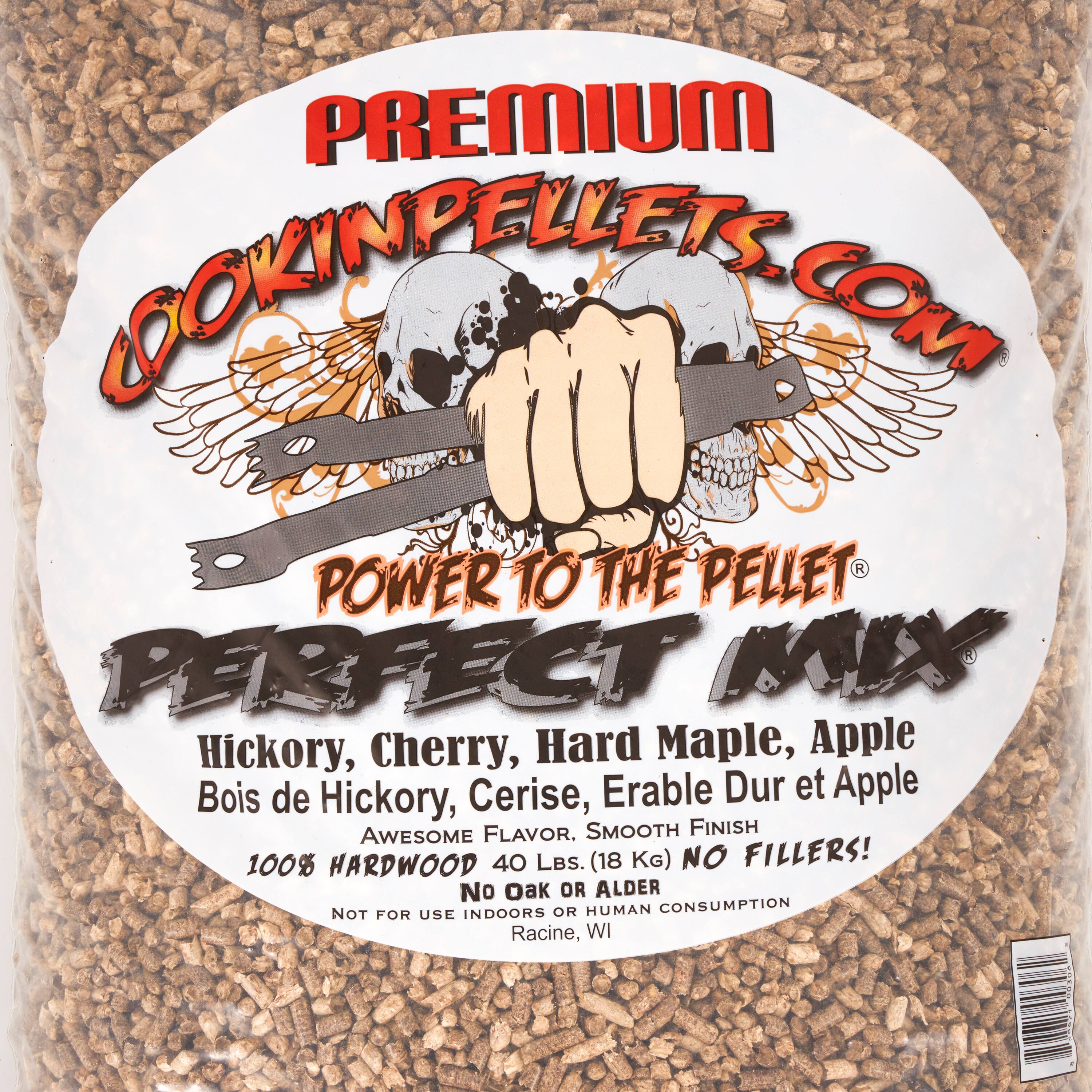PREMIUM CORNDFULETS.COM  
POWER TO THE PELLET  
PERFECT MIX  
Hickory, Cherry, Hard Maple, Apple  
Bois de Hickory, Cerise, Erable Dur et Apple  
AWESOME FLAVOR. SMOOTH FINISH  
100% HARDWOOD 40 LBS. (18 KG)  
NO FILLERS!  
No Oak OR ALDER  
NOT FOR USE INDOORS OR HUMAN CONSUMPTION  
Racine, WI