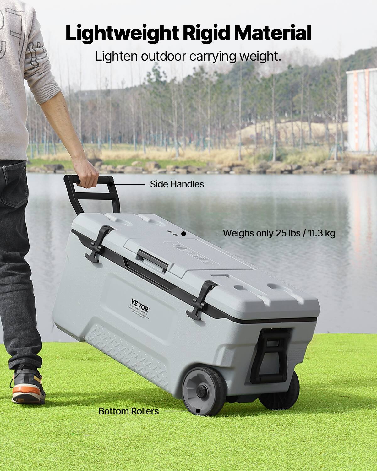Lightweight Rigid Material  
Lighten outdoor carrying weight.

- Side Handles
- Weighs only 25 lbs / 11.3 kg
- Bottom Rollers