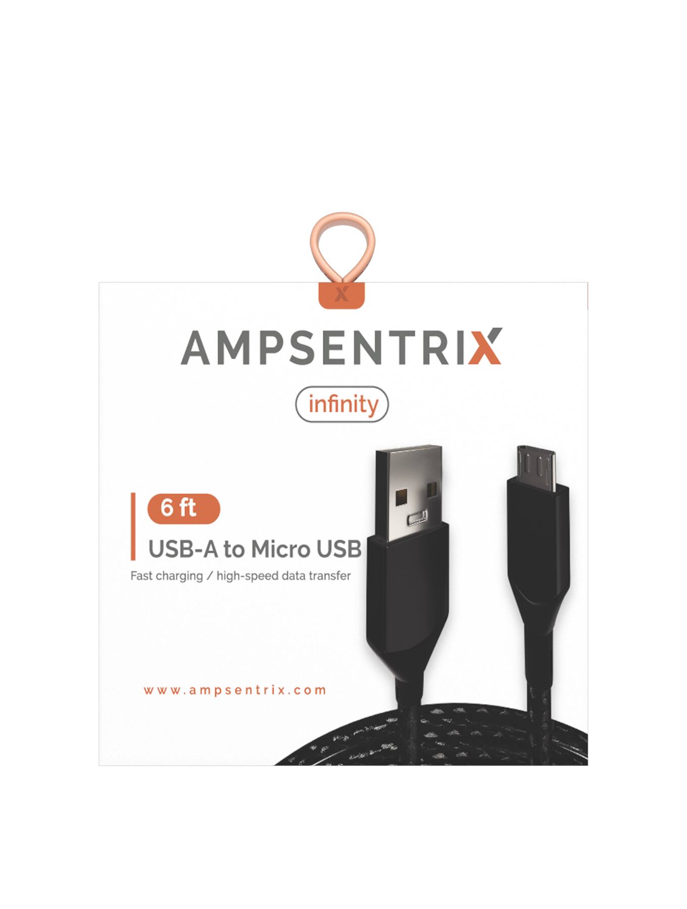 X AMPSENTRIX infinity 6 ft USB-A to Micro USB Fast charging / high-speed data transfer www.ampsentrix.com