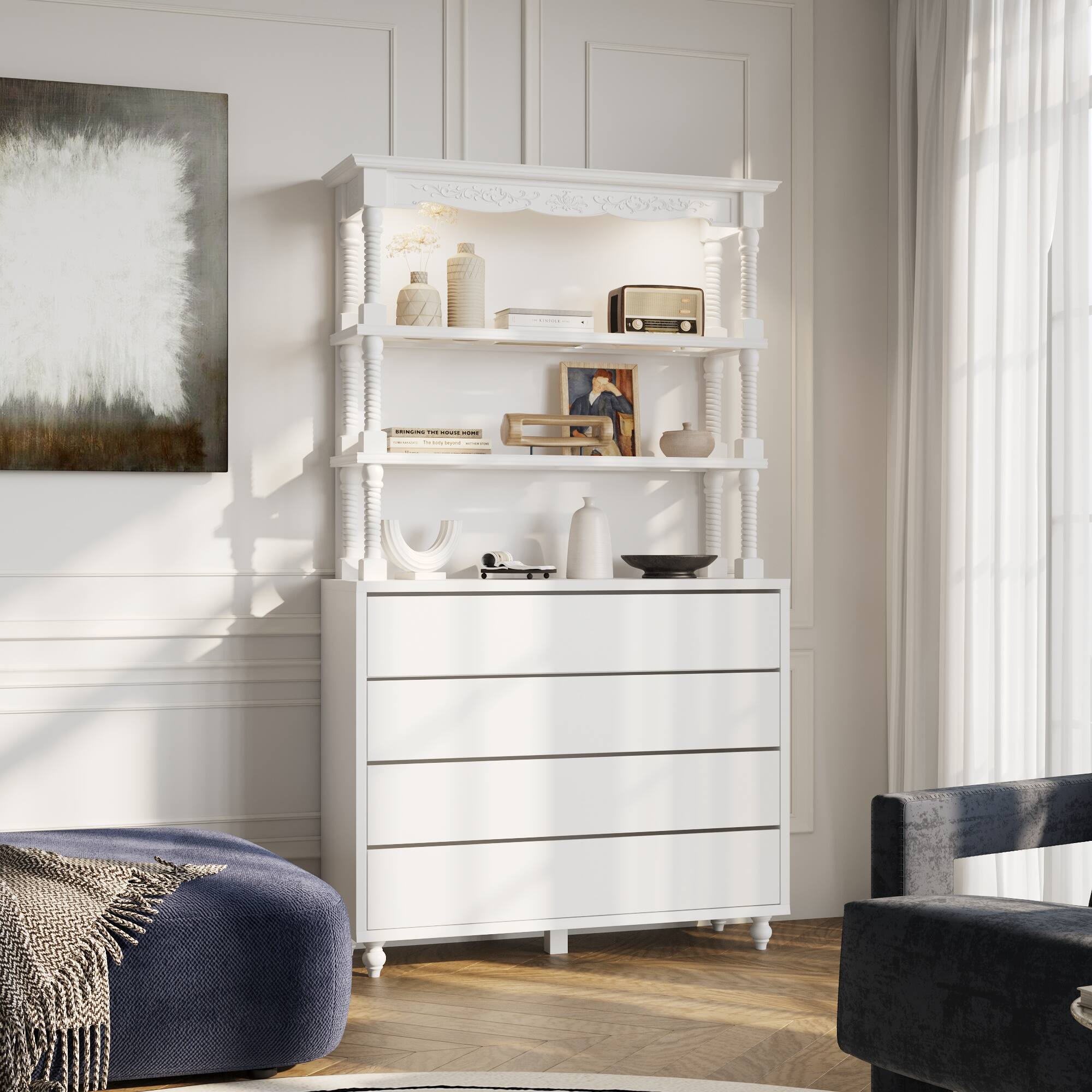 Alt View 1. Famapy - Display Cabinet with LED Lights, Carved Storage Cabinet for Living Room, Bedroom, Office - White.