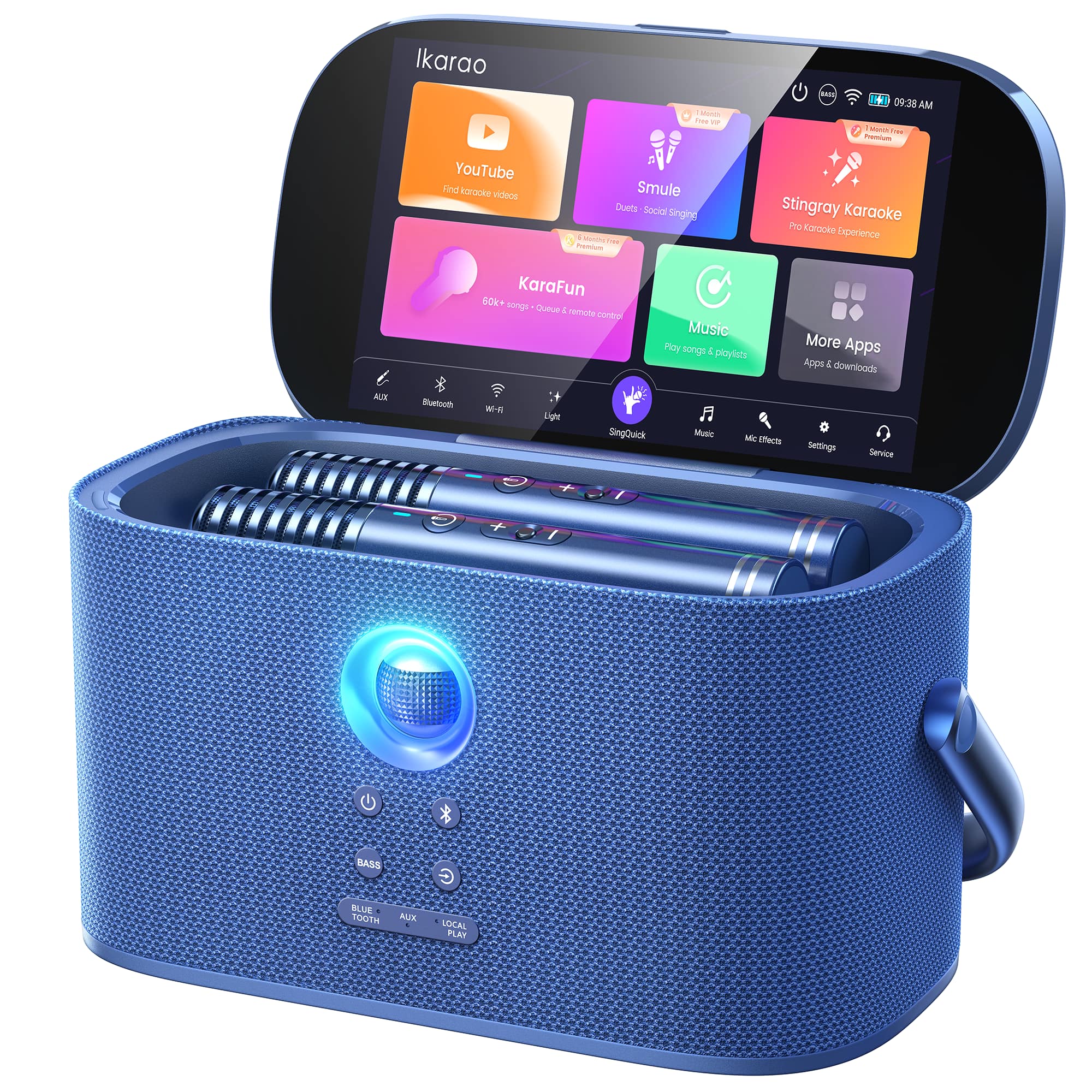 Ikarao - Karaoke Machine System, 140W Speaker, 8-Inch HD Lyrics Screen, 2 Self-Charging Mics, Bluetooth 5.4, WiFi, HDMI - Blue