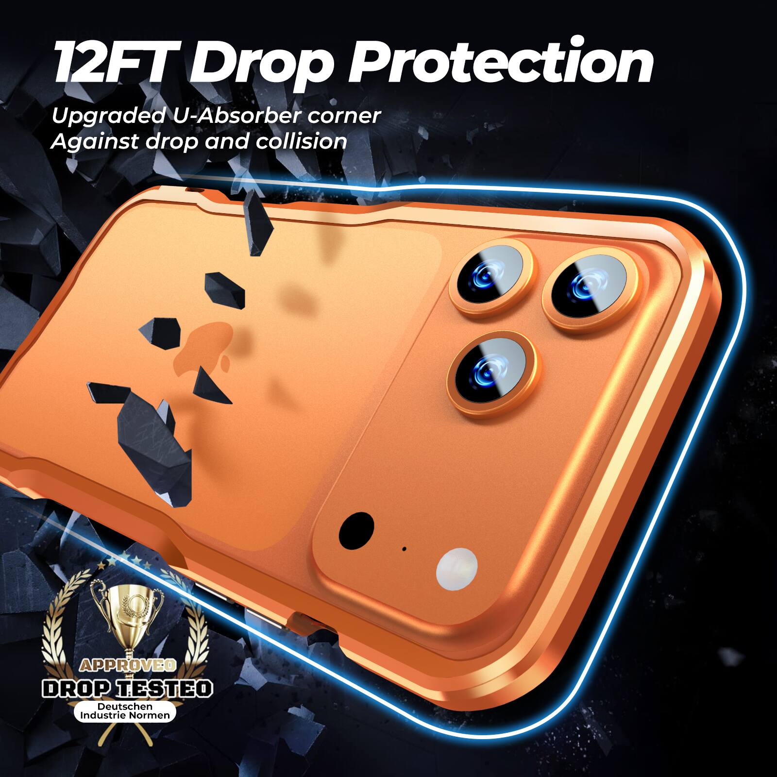 12FT Drop Protection  
Upgraded U-Absorber corner Against drop and collision  
APPROVED DROP TESTED  
Deutschen Industrie Normen