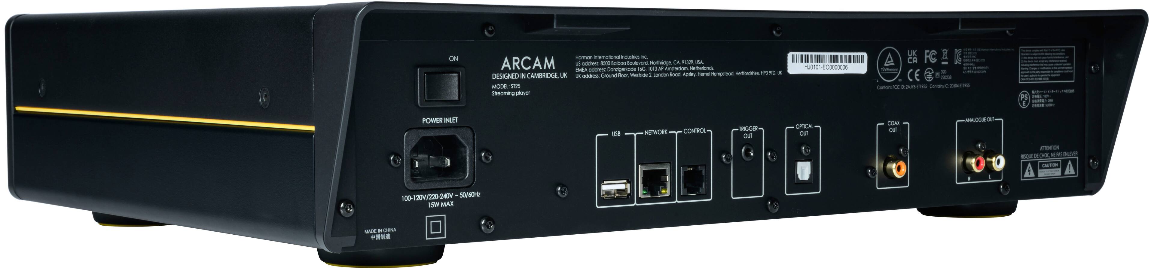 The text on the image reads:

"Arcam - Designed in Cambridgeshire, UK - Model 102 - Streaming preamplifier - Ground loop isolation - Power inlet - Network control - Attention: Please read the instructions before using this device. - PLZVP - Caution: 100-120V/220-240V AC, 100W max. - Made in China."