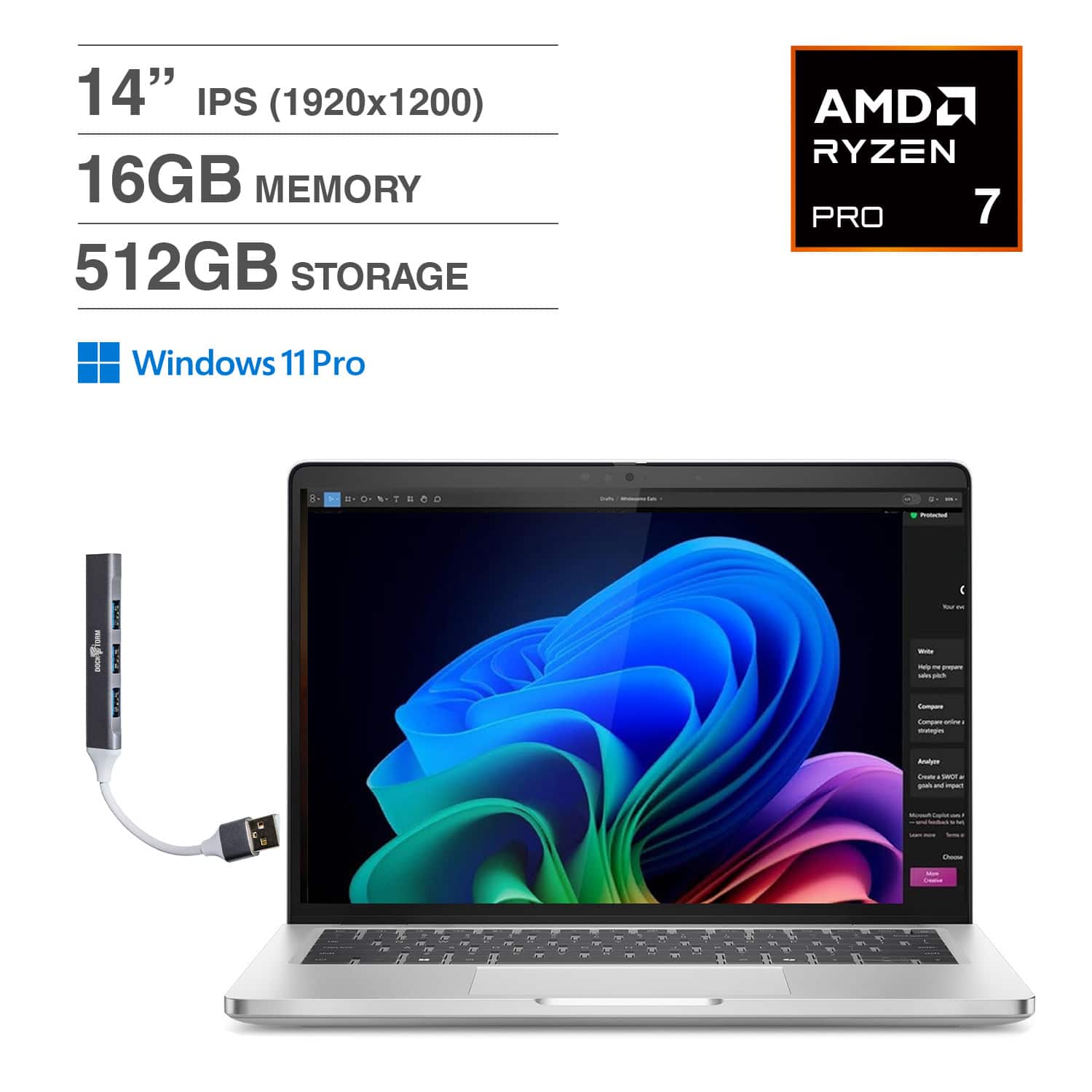 Dell - Pro 14 Plus PB14255 Laptop 14.0 WUXGA (AMD Ryzen 7 PRO 250, 16GB RAM, 512GB PCIe SSD, Win 11 Pro) w/USB Hub - Platinum Silver