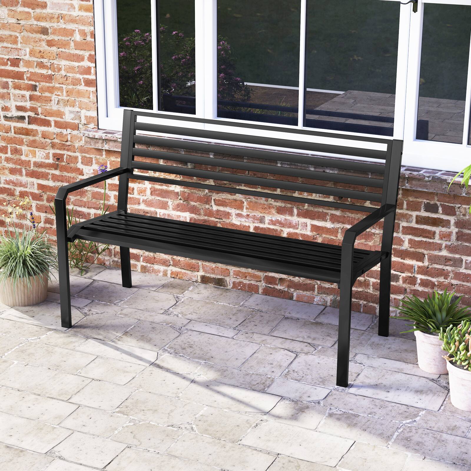 Alt View 3. Gymax - Gymax 50'' Outdoor Metal Park Bench for 2-3 People w/ Armrests & Backrest for Backyard - Black.