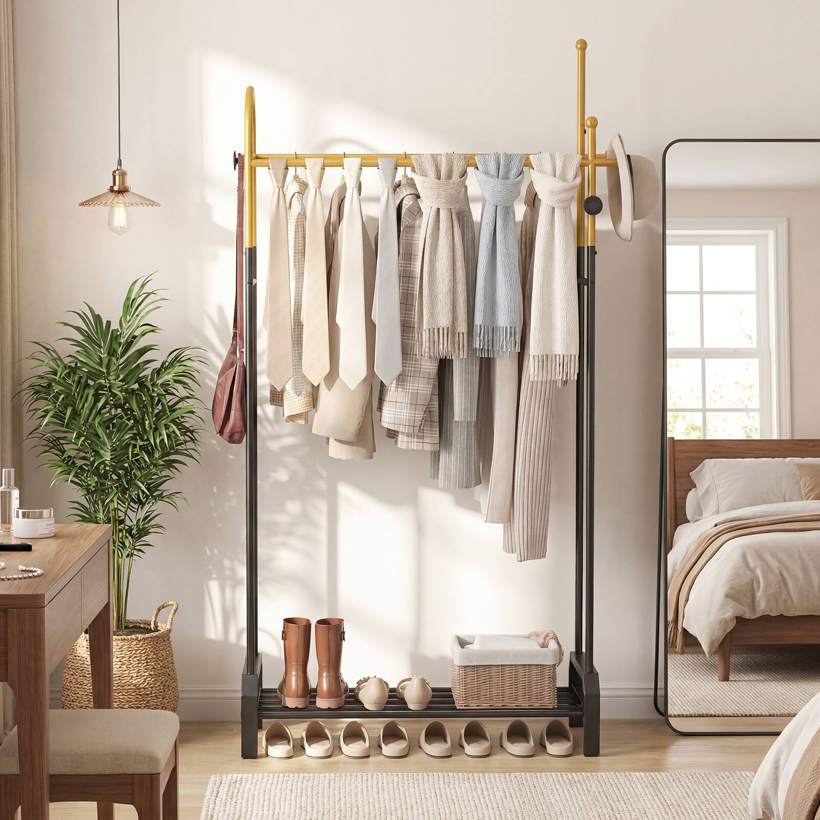 Alt View 3. Gymax - Gymax Double Rods Garment Rack for Hanging Clothes Freestanding Clothing Rack - Gold.