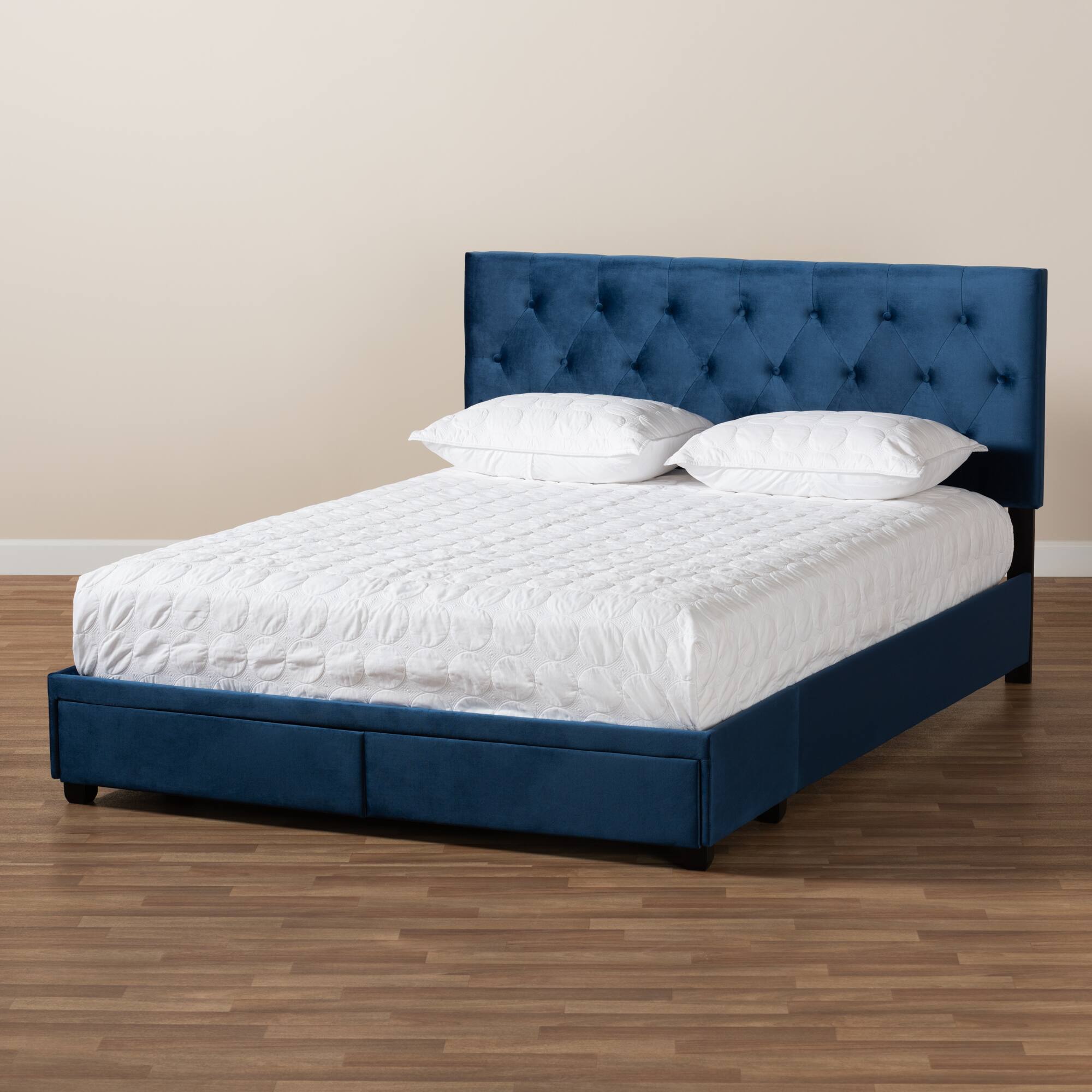 Alt View 6. Baxton Studio - Caronia Modern and Contemporary Velvet Fabric Upholstered 2-Drawer Queen Size Platform Storage Bed - Navy Blue/Black.