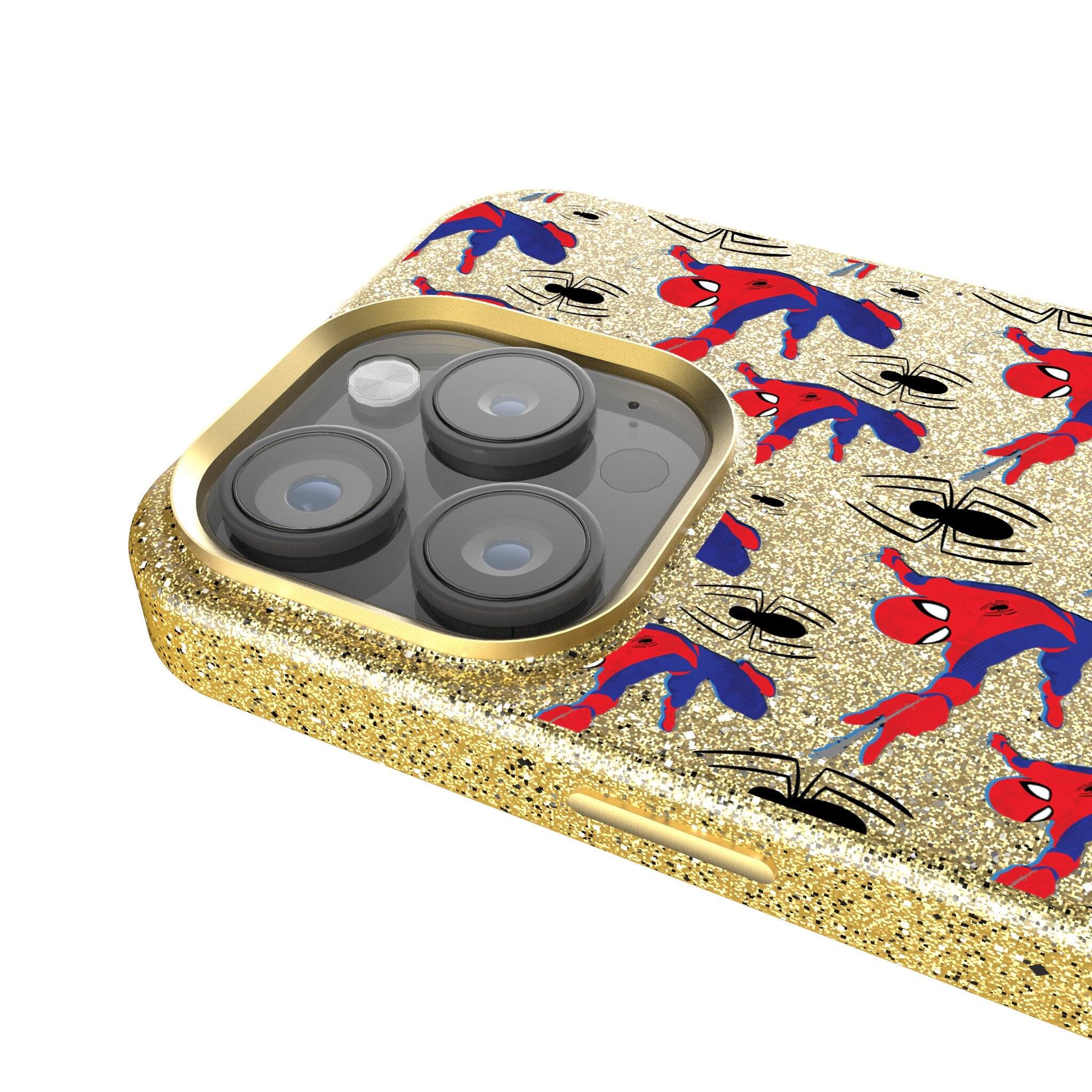 Back. Keyscaper - Marvel Pattern Gold Bling Phone Case - Apple iPhone 16 Pro Max - Spider-Man.