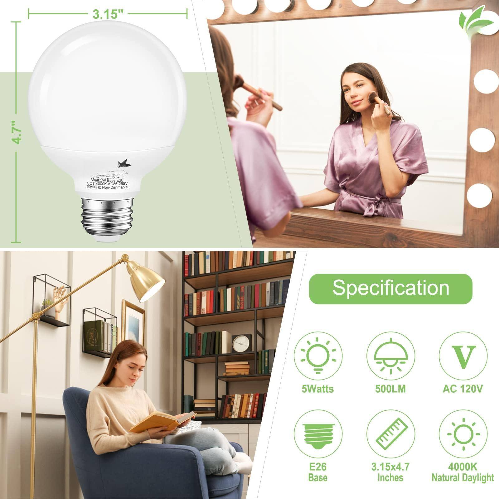 Sure, here is the corrected and grouped text from the image:

---

**Dimensions:**
- 3.15" x 4.7"

**Specification:**
- 5Watts
- 500LM
- AC 120V
- E26 Base
- 3.15x4.7 Inches
- 4000K Natural Daylight

**Additional Information:**
- Made in China
- AC85-265V
- 50/60Hz
- Non-Compliant

---