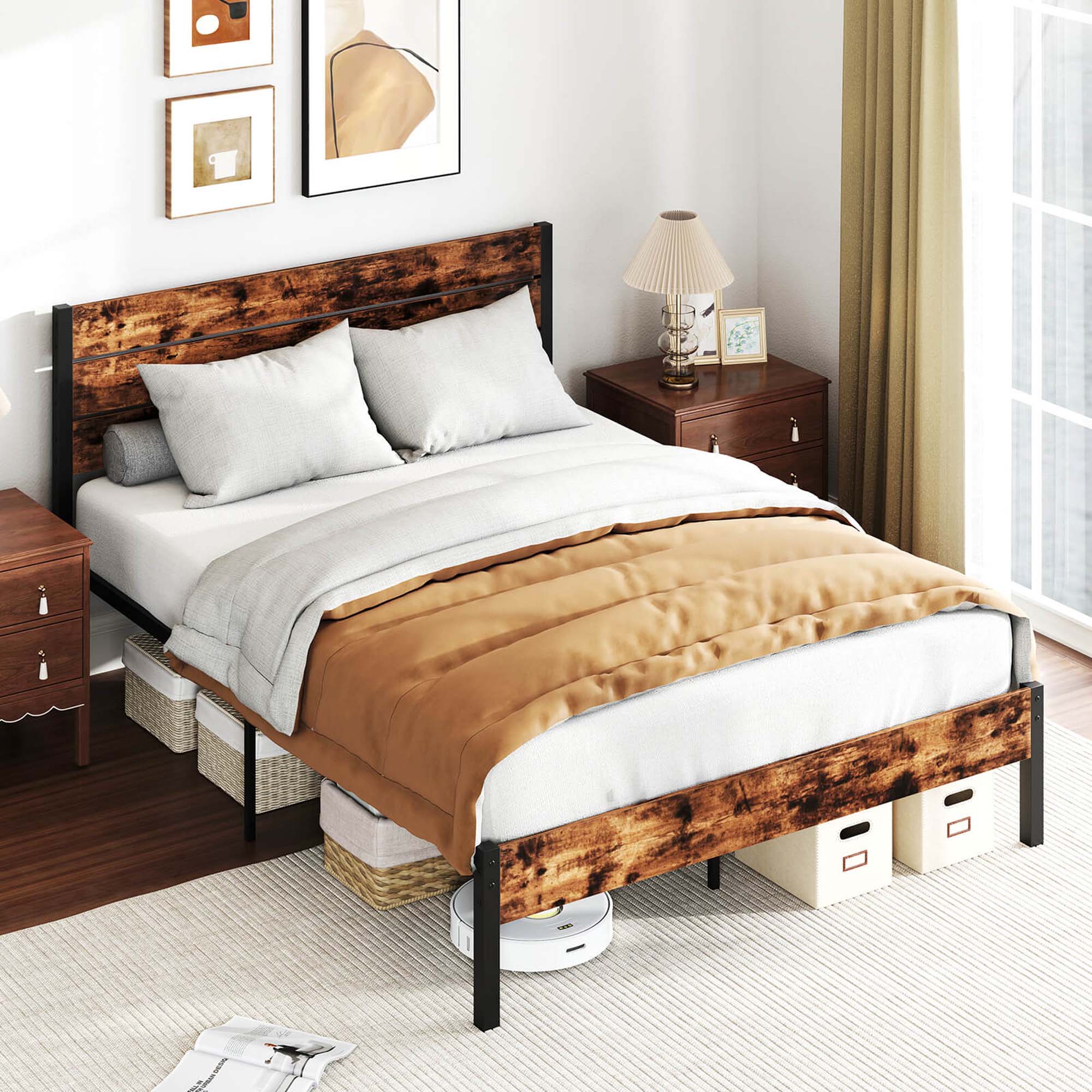 Alt View 4. Costway - Queen Bed Frame with Tall Industrial Headboard Heavy-Duty Metal Slats Support - Brown.