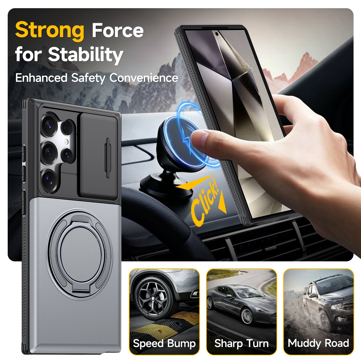 Strong Force for Stability  
Enhanced Safety Convenience  

Cheese  

Speed Bump  
Sharp Turn  
Muddy Road