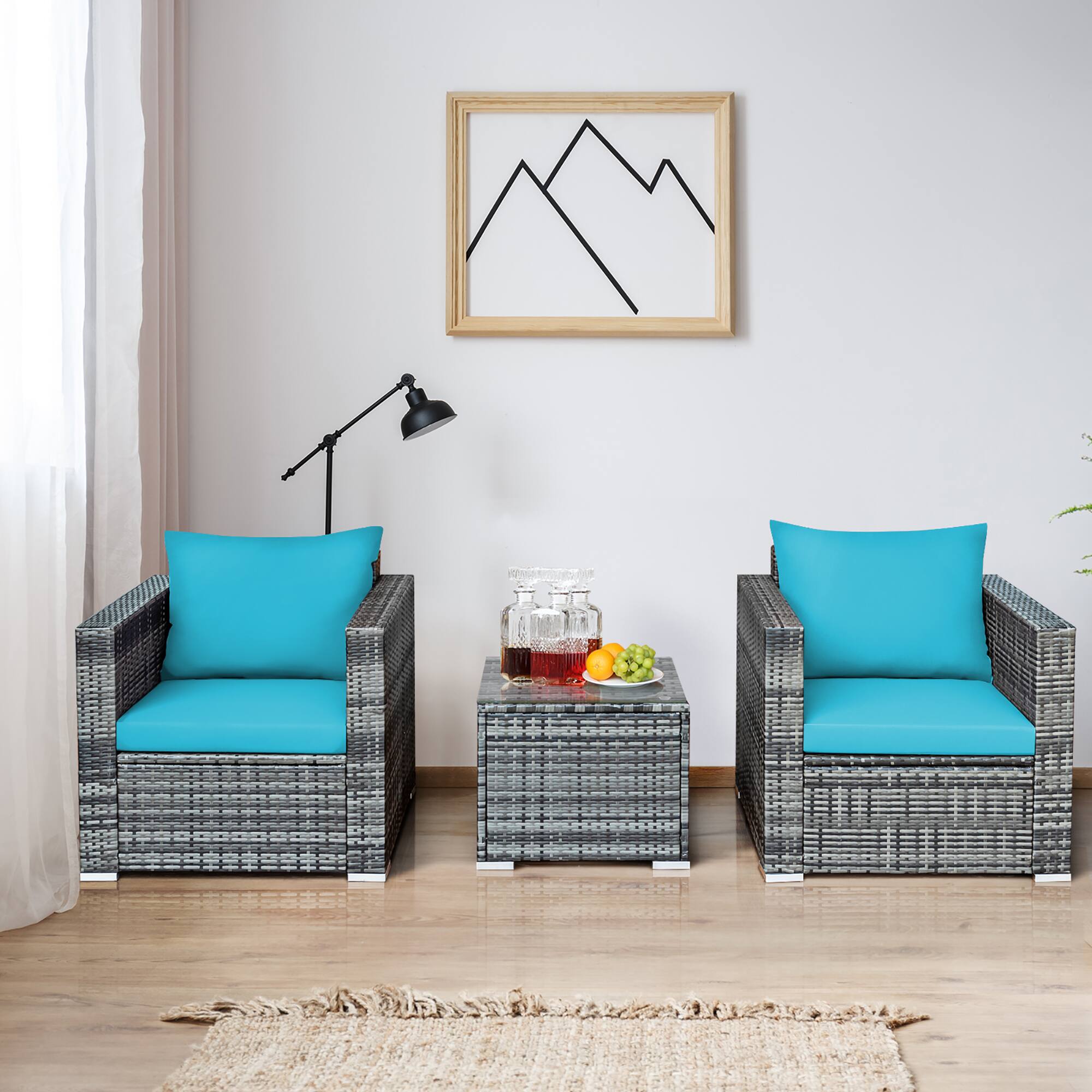 Alt View 3. Costway - 3 PC Patio Rattan Furniture Bistro Set Cushioned Sofa Chair - Turquoise.