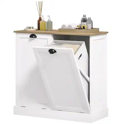 Front. Homcom - Tilt out Laundry Hamper Cabinet with 2 Removable Basket - White.