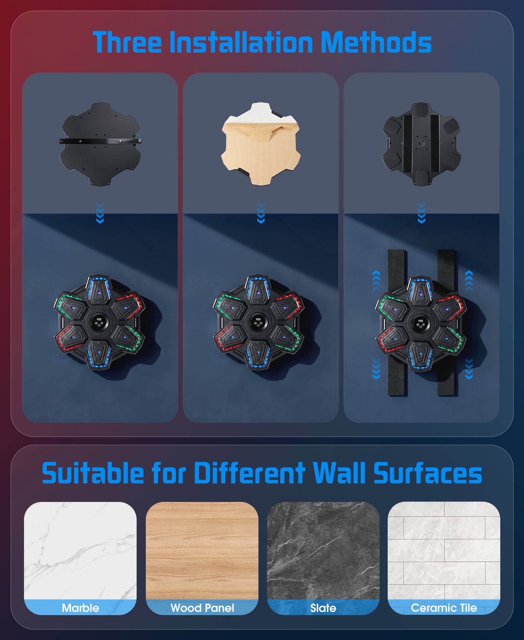 Three Installation Methods

Suitable for Different Wall Surfaces

Marble
Wood Panel
Slate
Ceramic Tile