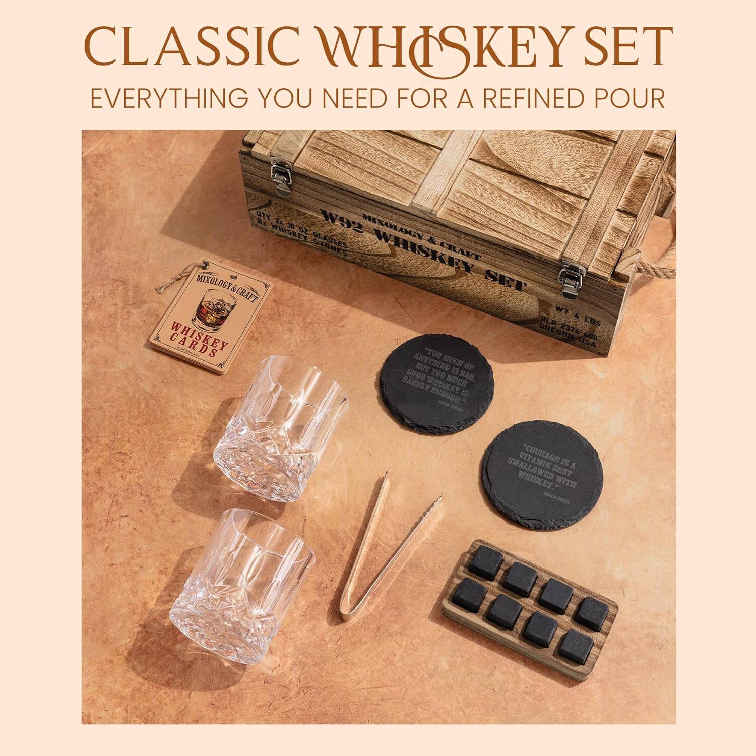 CLASSIC WHISKEY SET  
EVERYTHING YOU NEED FOR A REFINED POUR  

MIXOLOGY & CRAFT WHISKEY SET  

WT 4 LBS  
INCLUDES:  
- 2 WHISKEY STONES  
- 2 WHISKEY GLASSES  
- WHISKEY CARDS  
- 200 ROUNDS OF WHISKEY STONES  
- 4 WHISKEY STONES  
- "COURAGE IS A SWALLOWING THE BITTER WITH THE SWEET" - WHISKEY