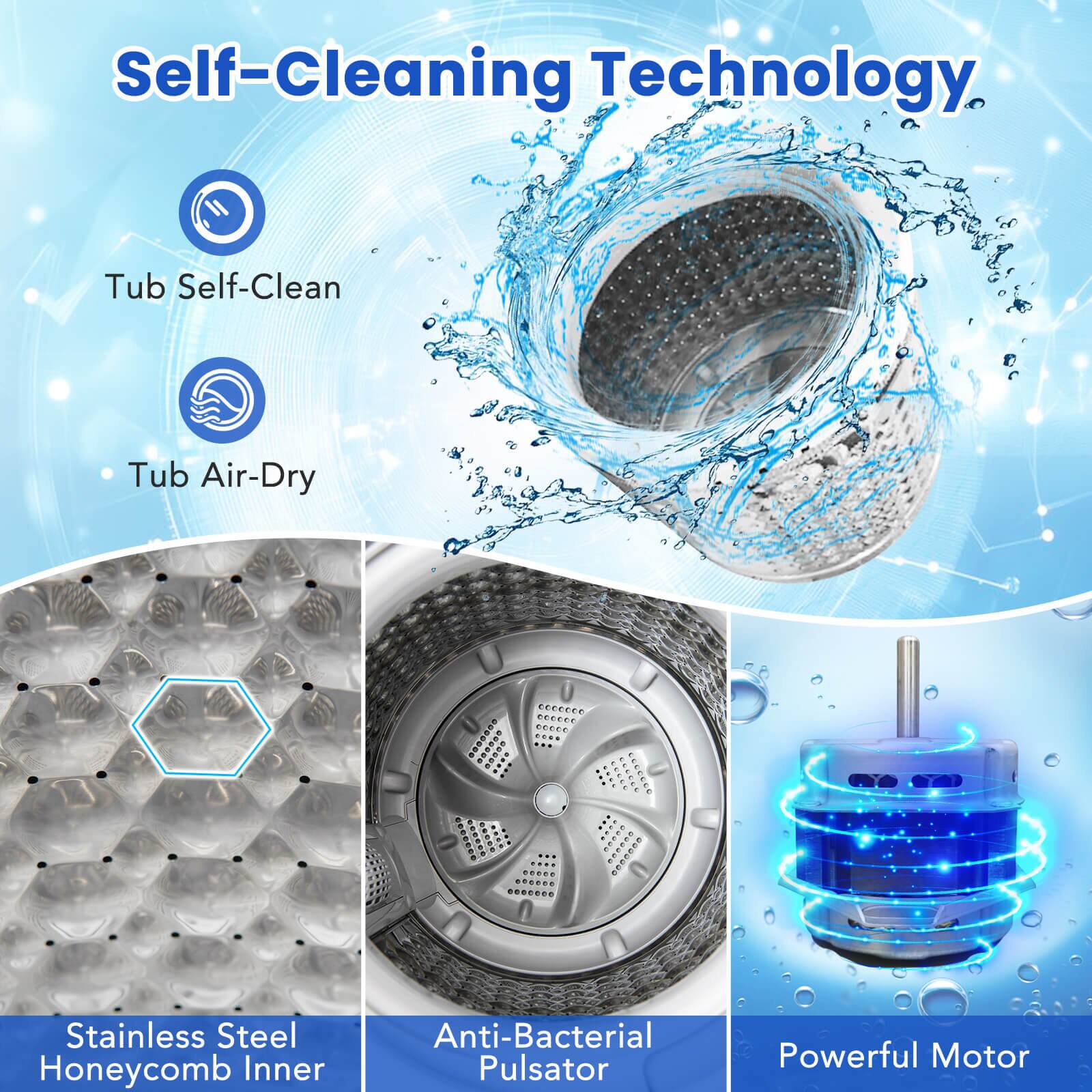 Self-Cleaning Technology

- Tub Self-Clean
- Tub Air-Dry

- Stainless Steel Honeycomb Inner
- Anti-Bacterial Pulsator
- Powerful Motor