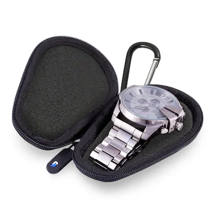 Front. CASEMATIX - Watch Box Travel Case for Stainless Steel Metal Band Mens and Womens Watches , Up To 56mm - Black.