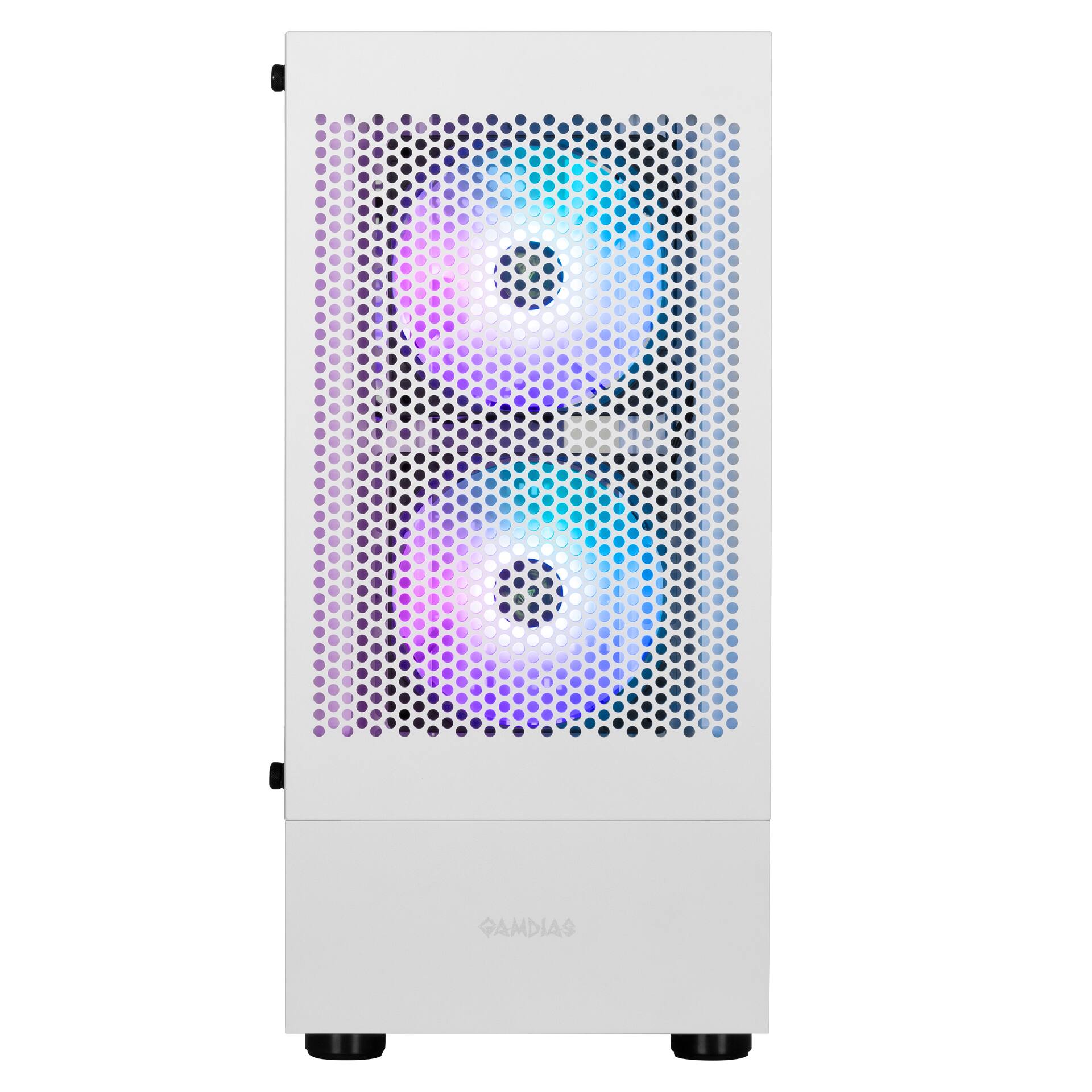 Angle. GAMDIAS - TALOS E3 MESH White ATX PC Case 3 ARGB fans Tempered Glass Side Panel, 5v 3-pin ARGB, fits GPU 300mm - White.