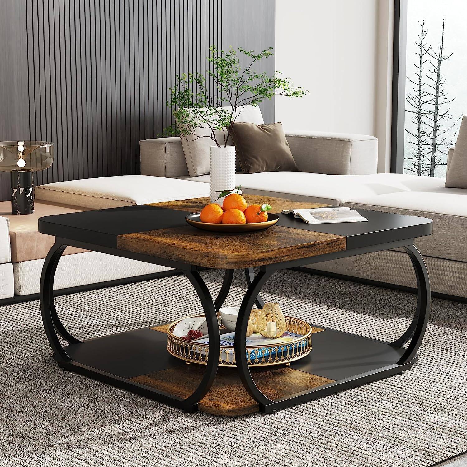 Front. Tribesigns - Coffee Table with Storage Shelves and Easy-Clean Surface for Books, Drinks and Everyday Essentials - Brown.