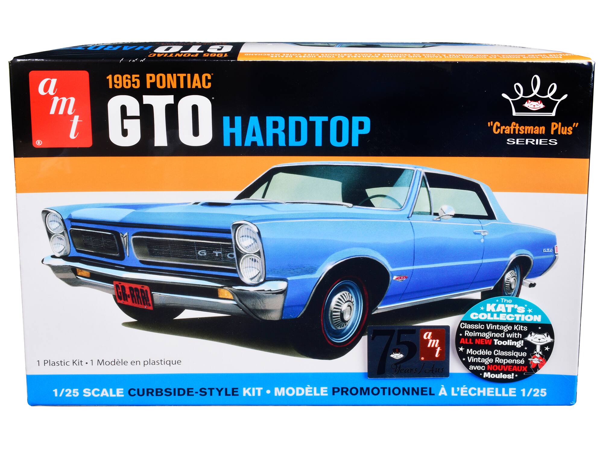 1965 PONTIAC GTO HARDTOP  
"Craftsman Plus" SERIES  

1 Plastic Kit • 1 Modèle en plastique  

1/25 SCALE CURBSIDE-STYLE KIT • MODÈLE PROMOTIONNEL À L'ÉCHELLE 1/25  

The KAT'S COLLECTION  
Classic Vintage Kits Reimagined with ALL NEW Tooling!  
Modèle Vintage Repensé avec NOUVEAUX Moulages!  

75 Years