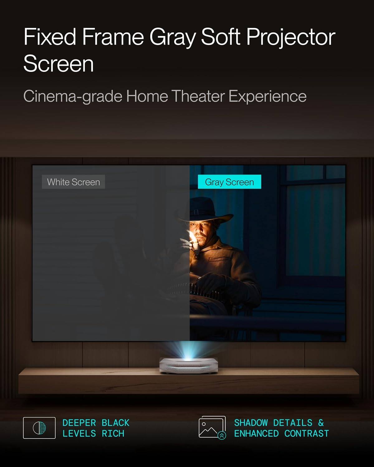Fixed Frame Gray Soft Projector Screen  
Cinema-grade Home Theater Experience  

White Screen  
Gray Screen  

DEEPER BLACK LEVELS  
RICH SHADOW DETAILS & ENHANCED CONTRAST