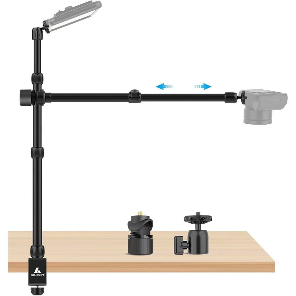 PARKER SLATER - Overhead camera desk mount with telescopic boom arm, C-clamp, ideal for DSLR, ring light, and live streaming.