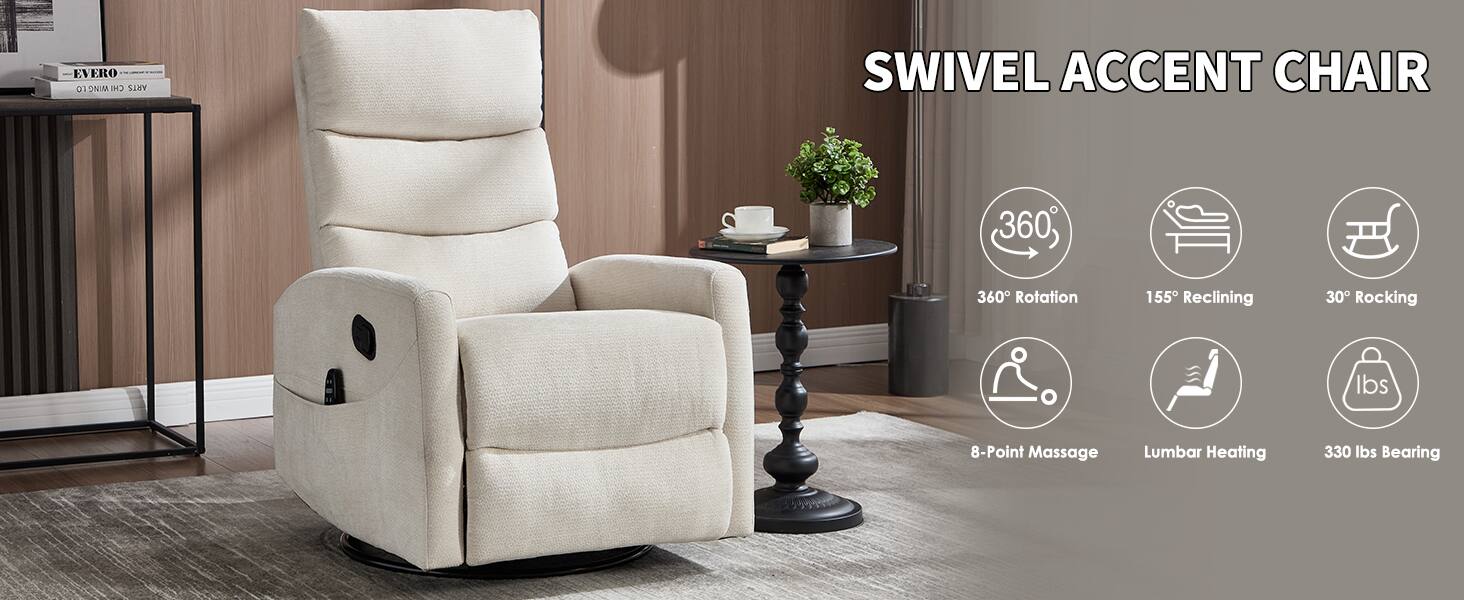 Sure, here is the corrected and grouped text:

---

**EVERO 01288800 518V**

**SWIVEL ACCENT CHAIR**

- **360° Rotation**
- **155° Reclining**
- **30° Rocking**
- **8-Point Massage**
- **Lumbar Heating**
- **330 lbs Bearing**

---

This text is organized to clearly present the features and model information of the swivel accent chair.