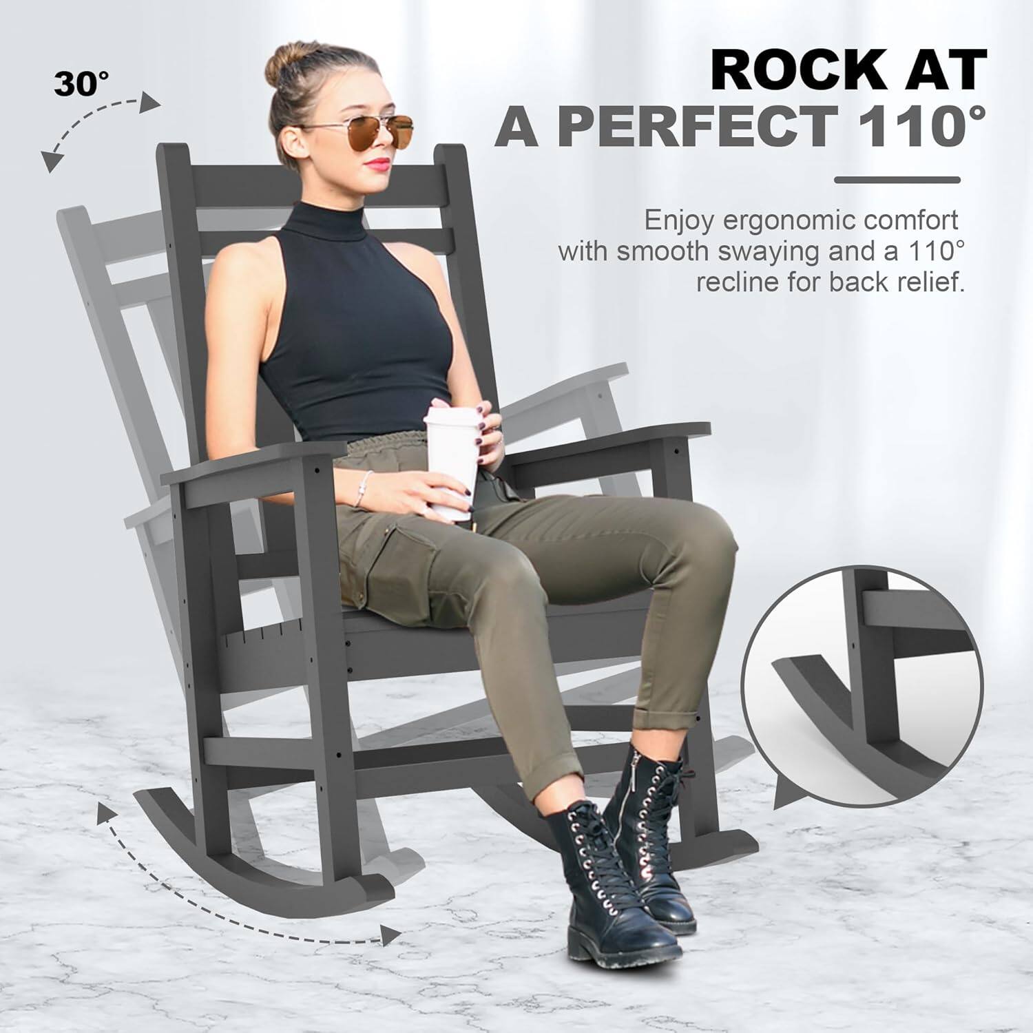 ROCK AT A PERFECT 110°

Enjoy ergonomic comfort with smooth swaying and a 110° recline for back relief.