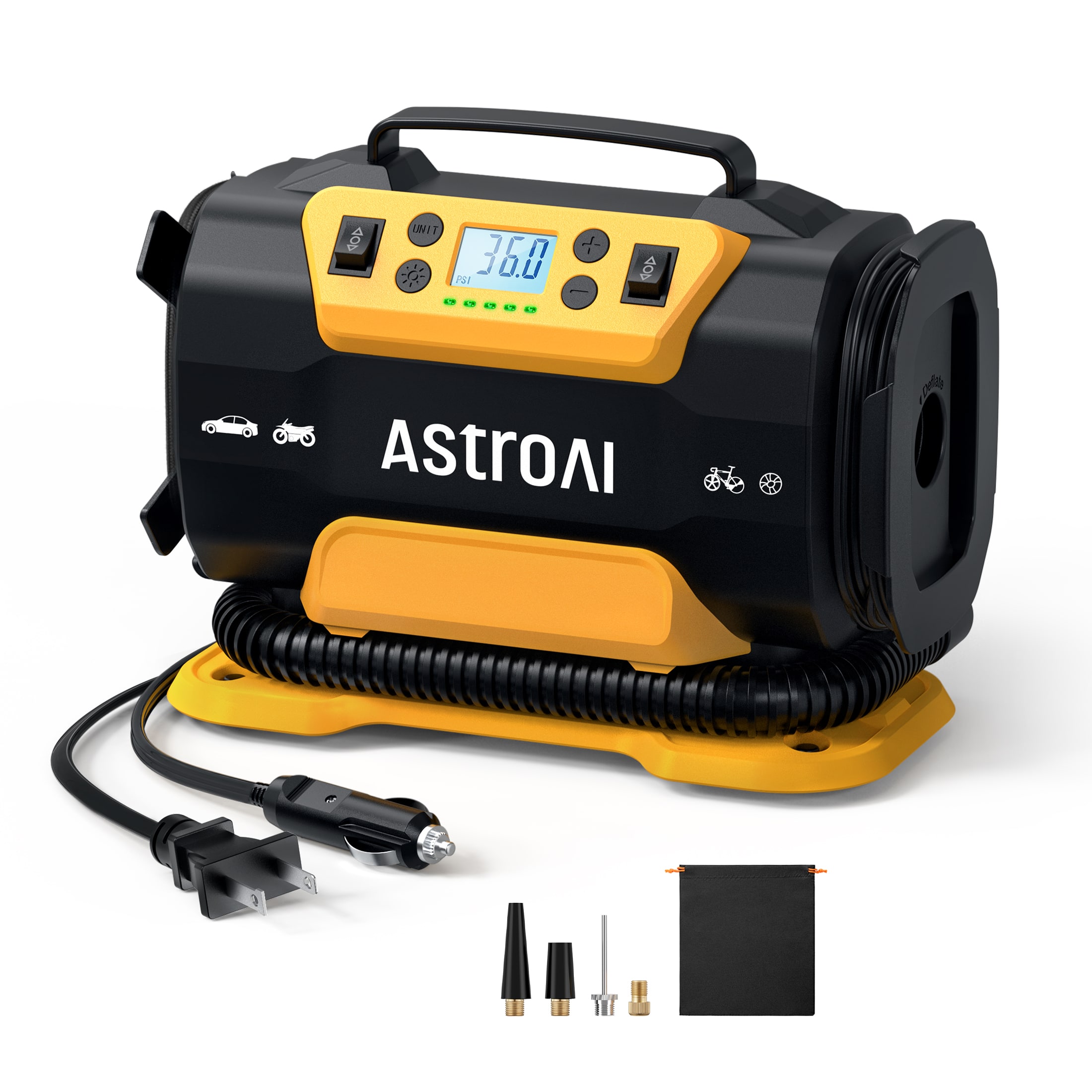 AstroAI - Portable Tire Inflator Air Compressor, 150PSI Dual Motor, 12V/110V with LED, for Car, Bike, Mattress - Black