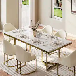 POVISON - 71"Bura Modern Faux Marble Dining Table For 6, Rectangular Tabletop Gold Stainless Legs - White