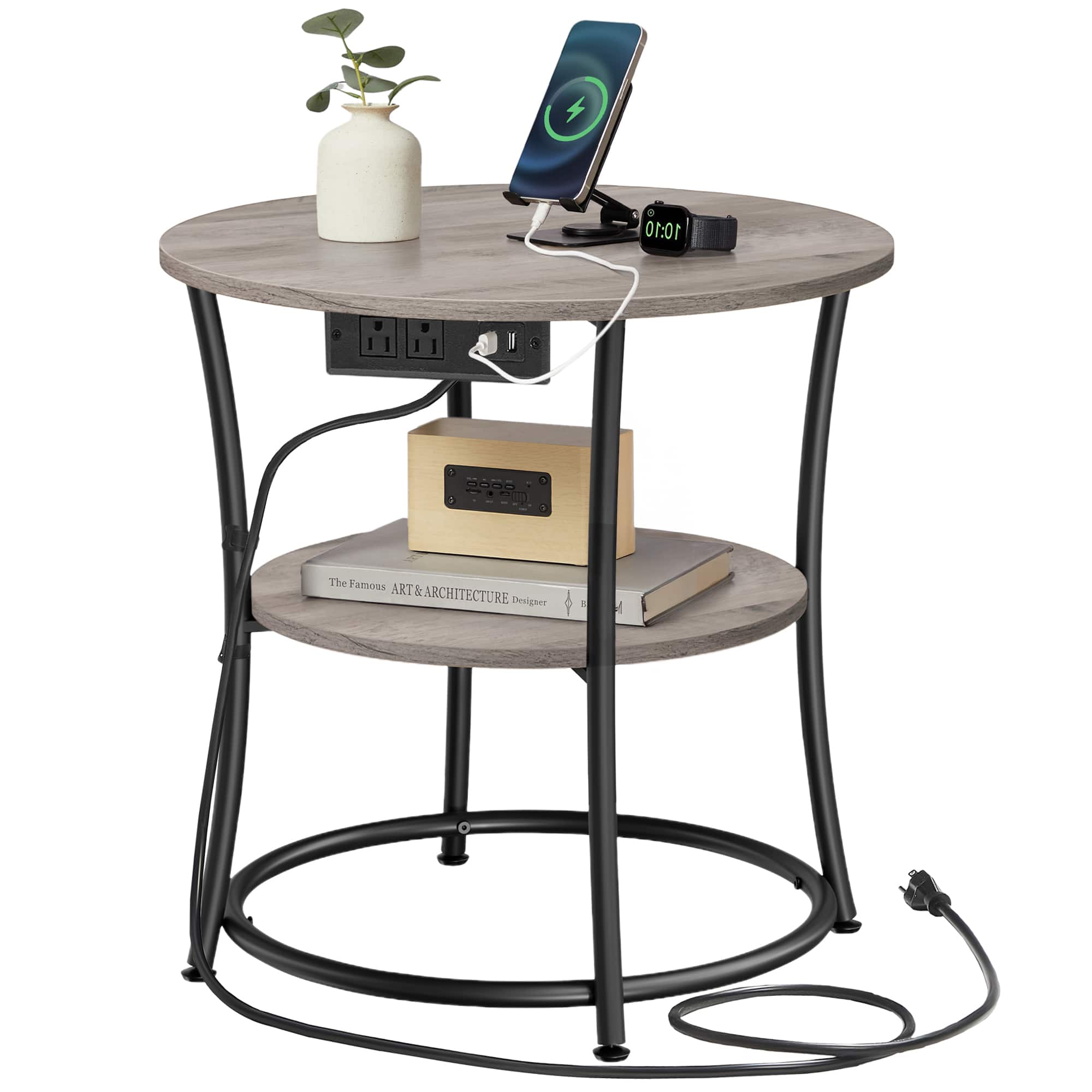 Songmics Home - Side Table, 2-Tier Round End Table with Power Outlets, Nightstand with Steel Frame for Small Spaces - Heather Greige and Ink Black