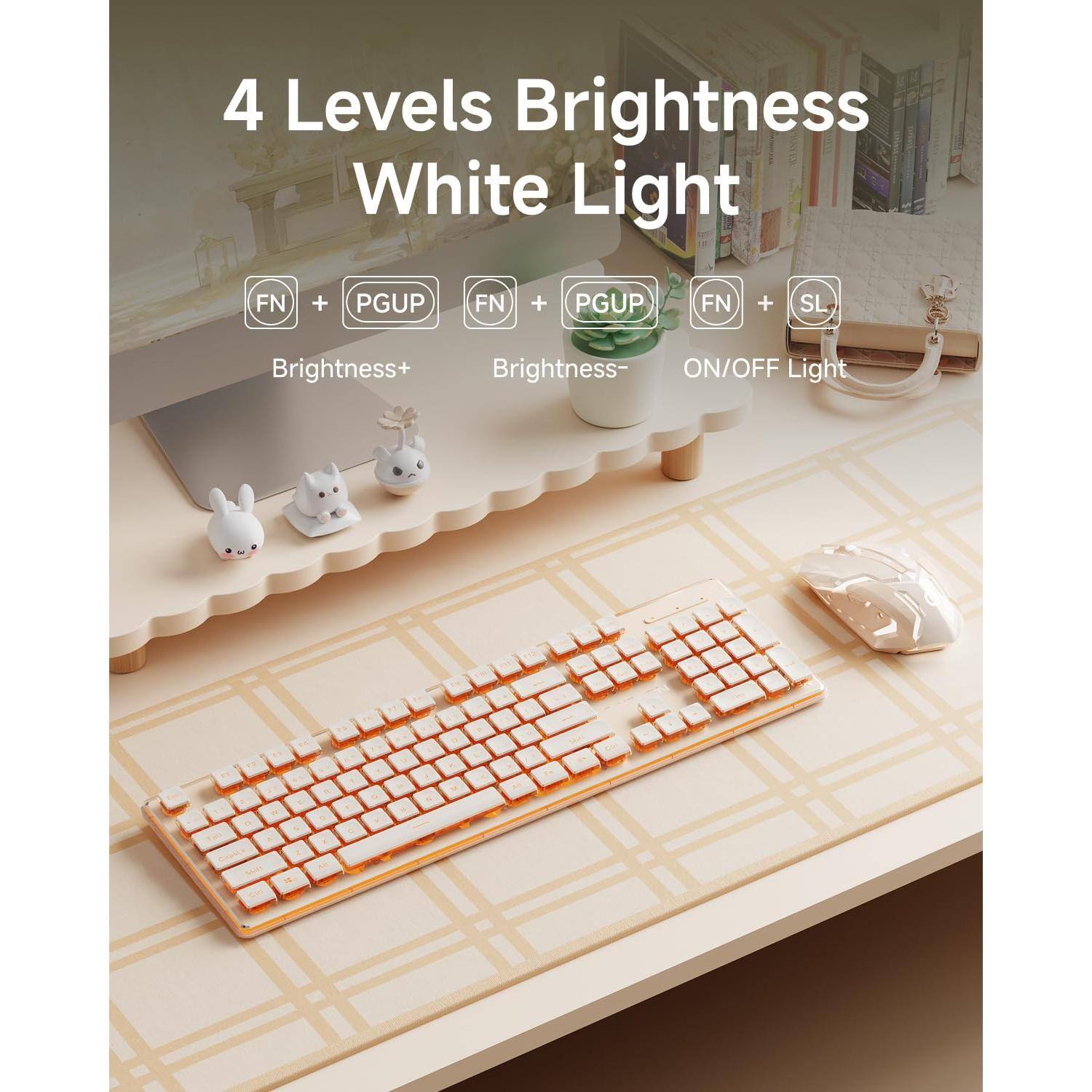 4 Levels Brightness White Light

- FN + PGUP: Brightness+
- FN + PGDN: Brightness-
- FN + SL: ON/OFF Light