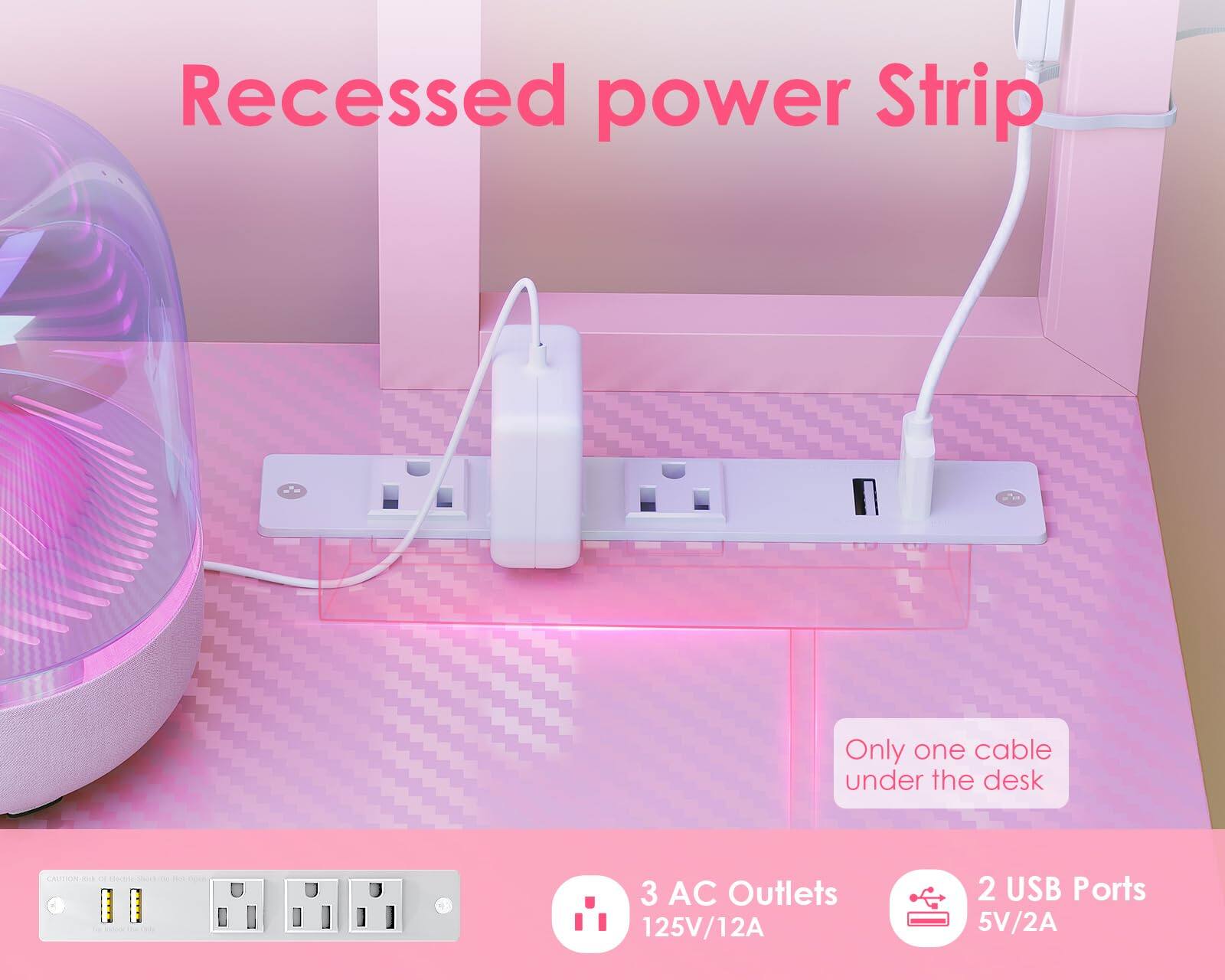 Recessed power Strip  
Only one cable under the desk  
CAUERBN - I  
3 AC Outlets 125V/12A  
2 USB Ports 5V/2A