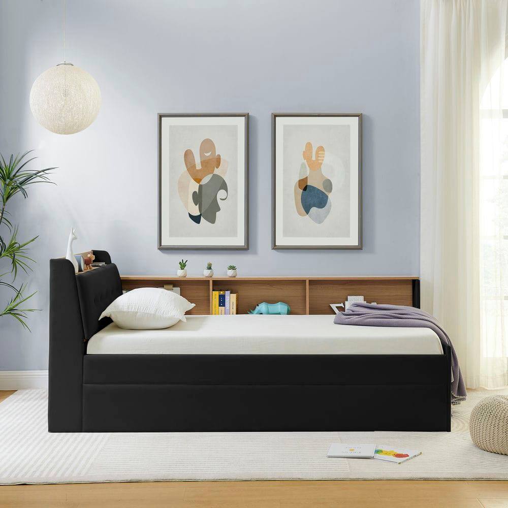Alt View 7. Kadyn - Twin Size Upholstered Velvet Height Adjustable Daybed with Storage Headboard, Wireless Charging, Trundle & LED Lights - Black.