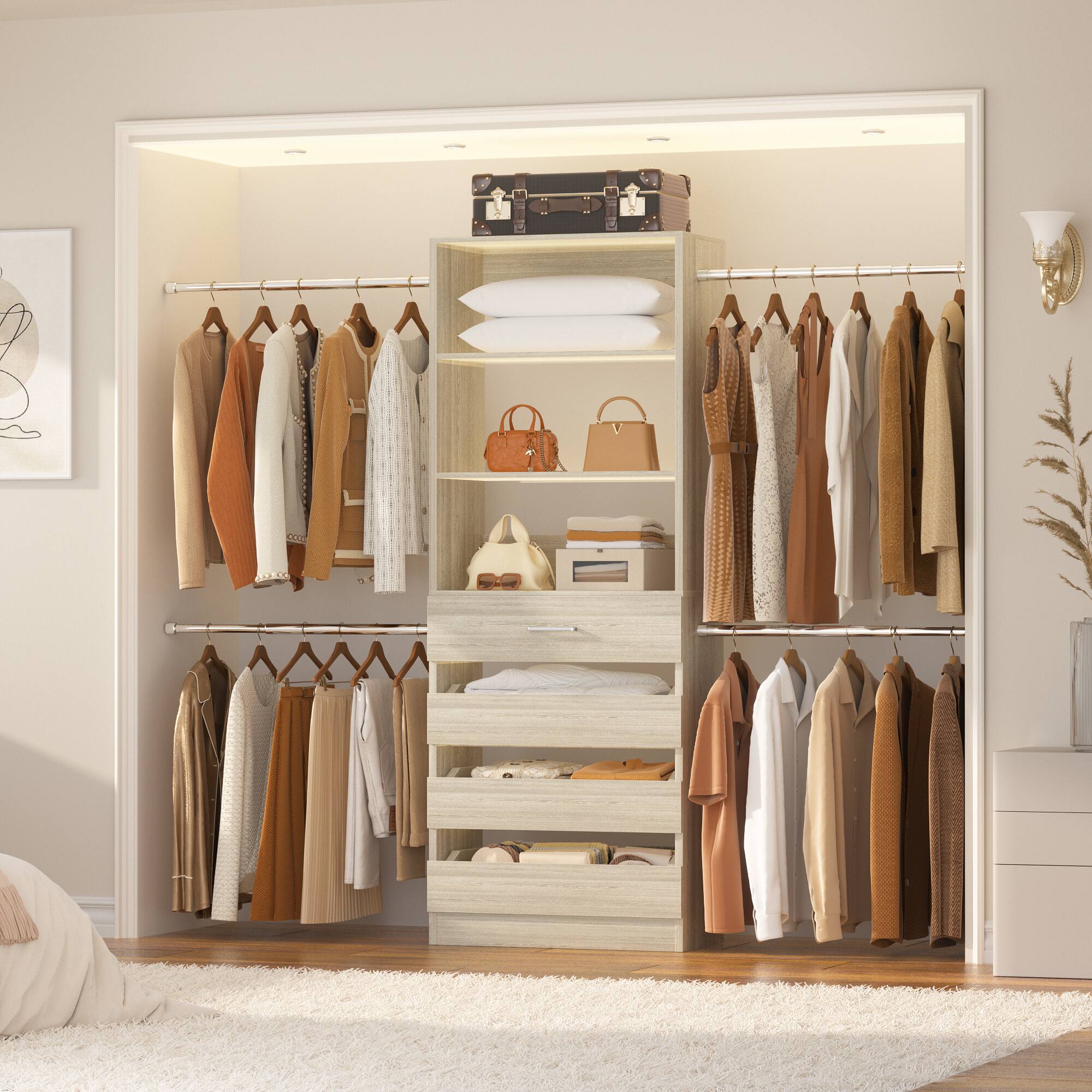 Alt View 2. Aheaplus - 4-9FT Adjustable Wooden Closet Organizer, 4 Drawers & 4 Hanging Rods, Heavy Duty Walk-in Wardrobe System - White Oak.