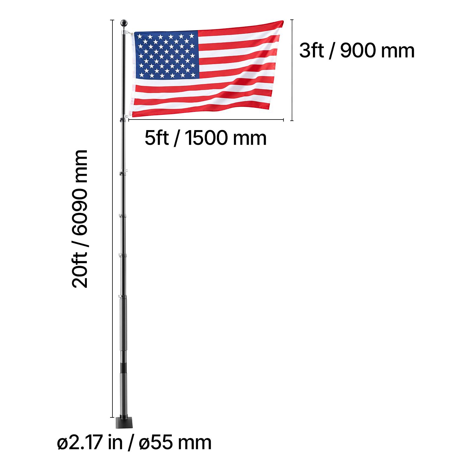 3ft / 900 mm  
5ft / 1500 mm  
20ft / 6090 mm  
Ø2.17 in / Ø55 mm