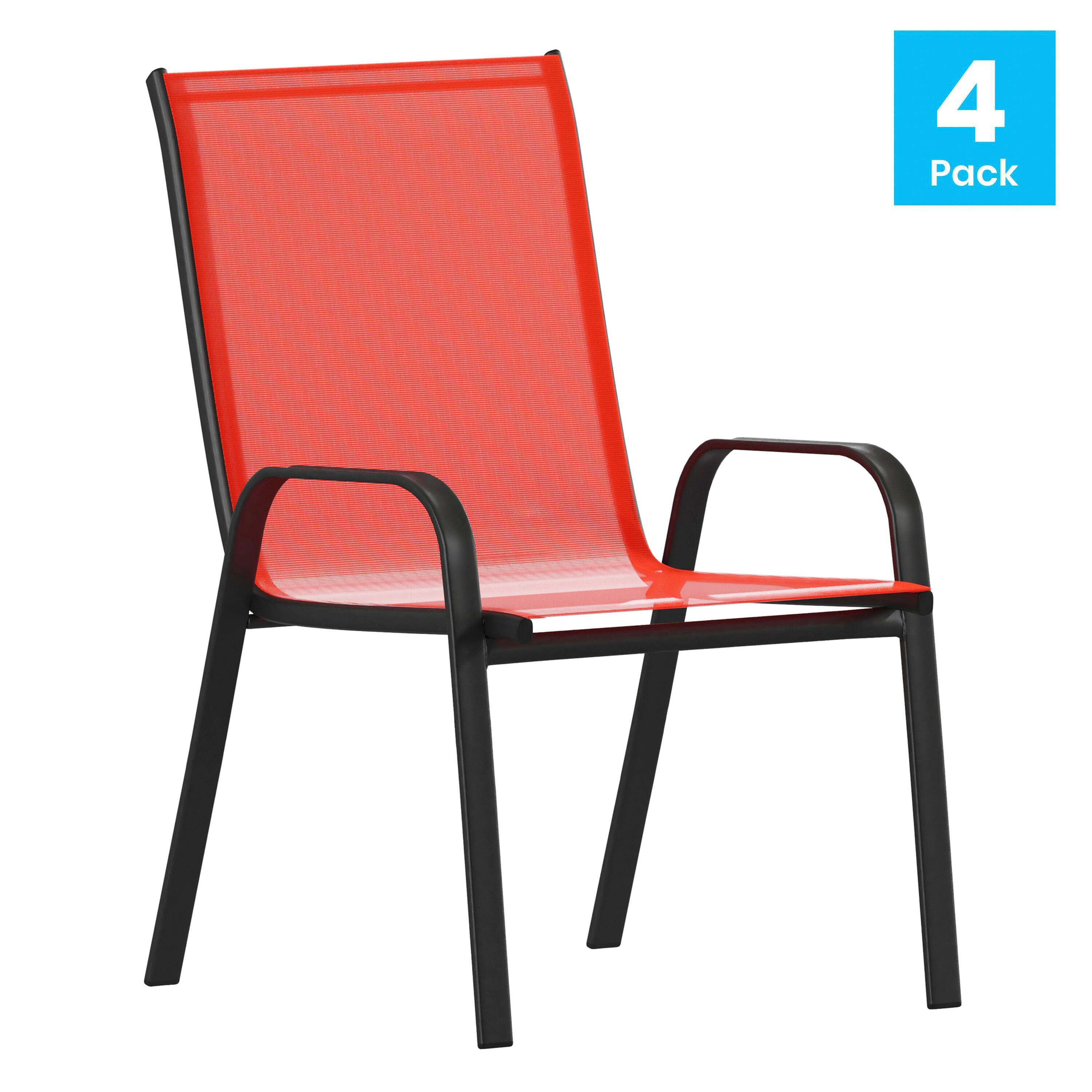 Alt View 1. Emma + Oliver - 4 Pack Outdoor Stack Chair with Flex Comfort Material - Patio Stack Chair - Red.