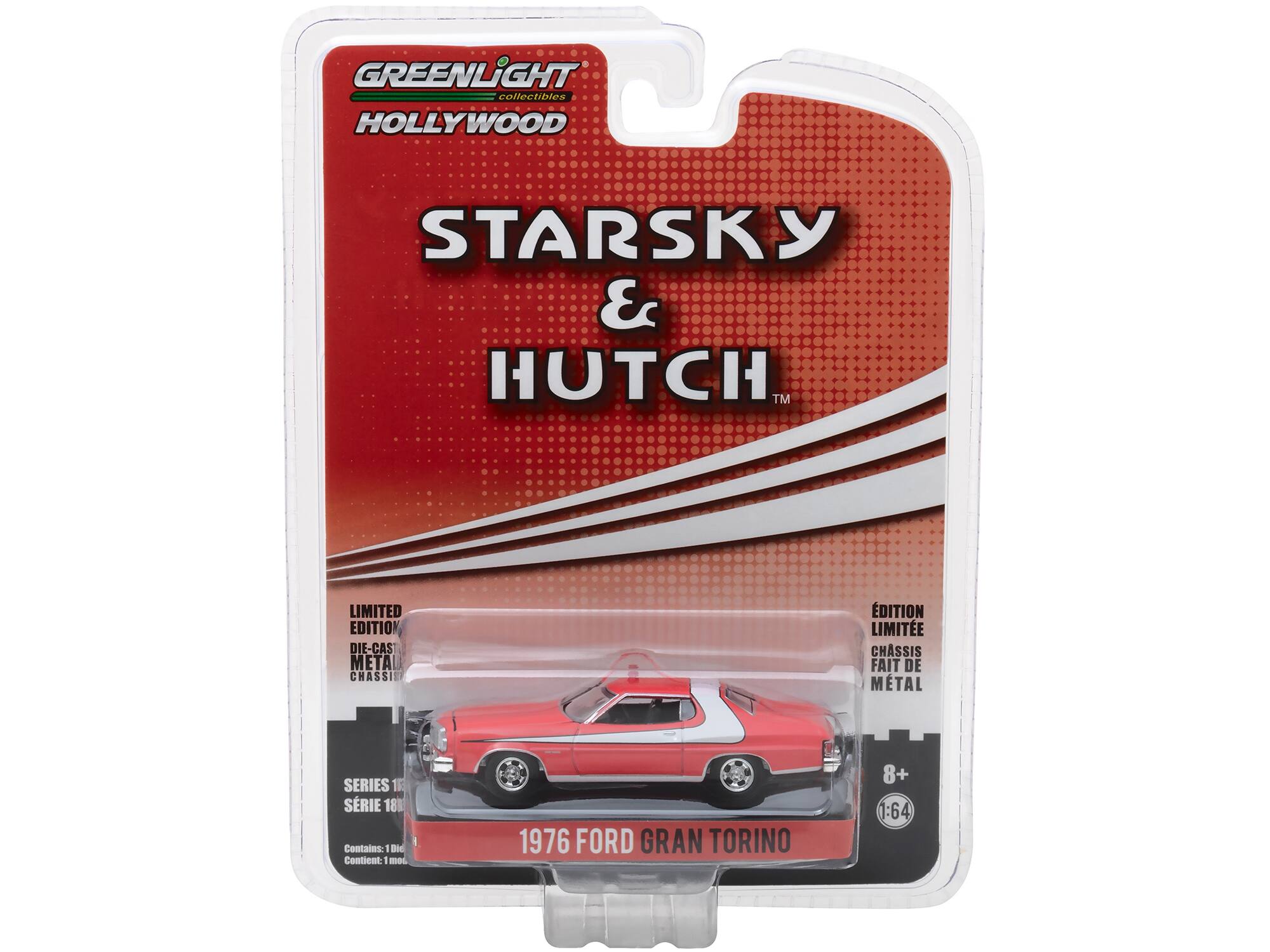 GREENLiGHT collectibles  
HOLLYWOOD  
STARSKY & HUTCH™  

LIMITED EDITION  
DIE-CAS  
METAL CHASSIS  

ÉDITION LIMITÉE  
CHASSIS FAIT DE MÉTAL  

SERIES 1  
SÉRIE 1  

Contains: 1 die-cast  
Contient: 1 modèle  

1976 FORD GRAN TORINO  

8+  
1:64