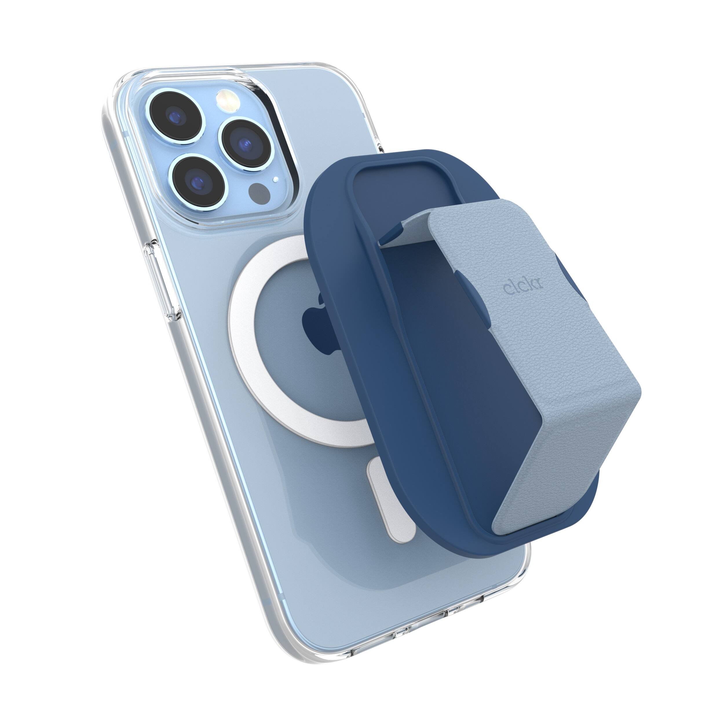 Left. CLCKR - Phone Grip and Stand for MagSafe Compatible Phones - Blue.
