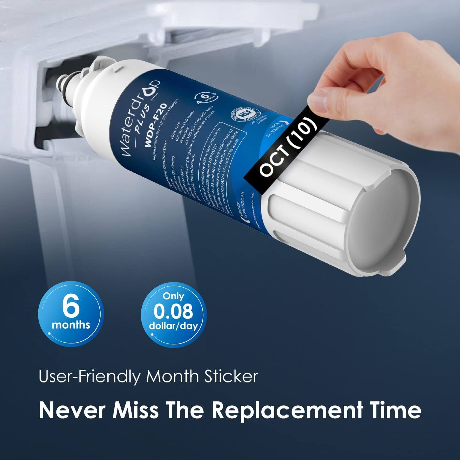 Waterdrop Plus WDP-F20  
6 months  
Only 0.08 dollar/day  
User-Friendly Month Sticker  
Never Miss The Replacement Time