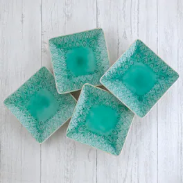 Euro Ceramica Home - Peacock 4-Piece Stoneware Square Appetizer Plates Set - Lagoon